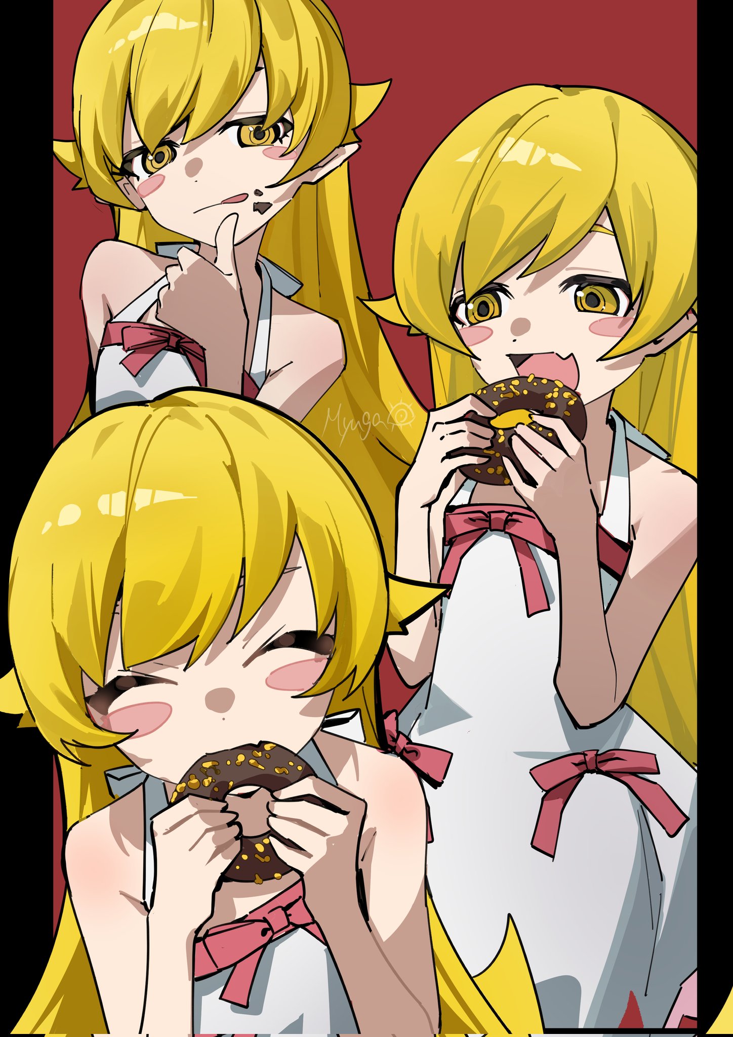 myuga66666, oshino shinobu, monogatari (series), highres, 1girl, blonde hair, blush, donut, dress, eating, fang, food, food on face, hair flaps, hands up, holding, holding donut, holding food, imminent bite, long hair, looking at viewer, multiple views, open mouth, pink ribbon, pointy ears, red background, ribbon, signature, skin fang, standing, white dress, yellow eyes
