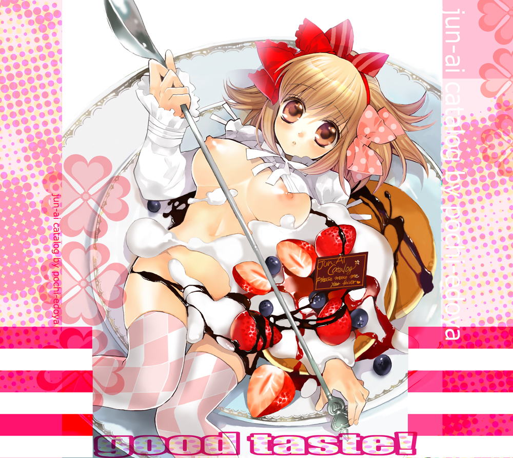 edoya pochi, inukkoro, blonde hair, blueberry, blush, bottomless, bow, breasts, censored, chocolate, convenient censoring, cream, food, fruit, hair bow, holding, holding spoon, in food, large breasts, lying, mini person, minigirl, on plate, oversized object, pancake, polka dot, solo, spoon, strawberry, thighhighs, yellow eyes