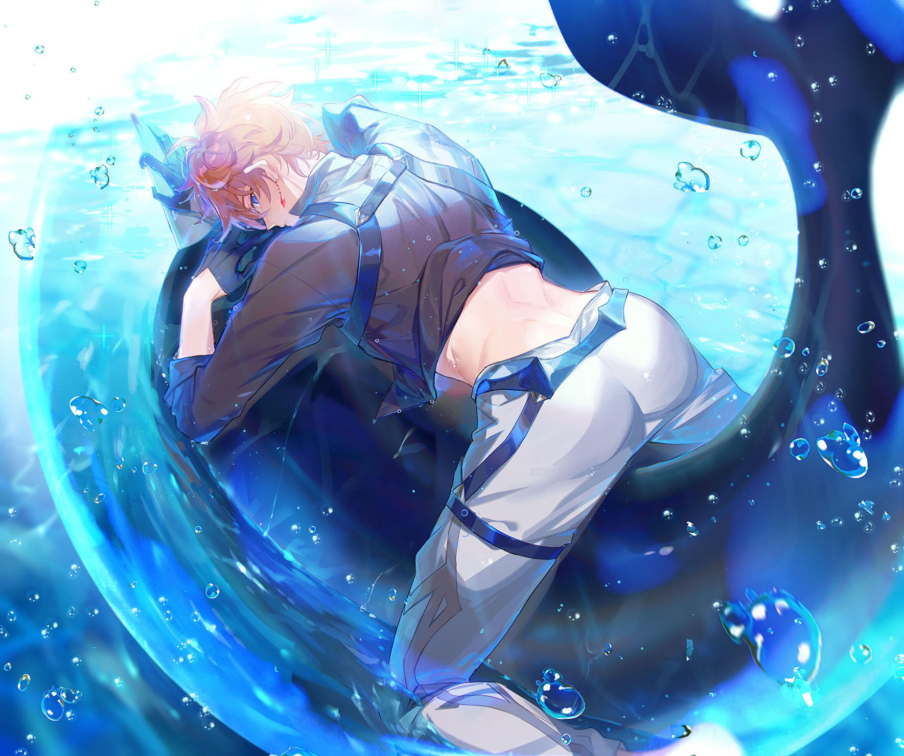 dr.k, tartaglia (genshin impact), genshin impact, commentary, english commentary, highres, 1boy, ass, back, black gloves, blue eyes, brown shirt, earrings, from behind, gloves, grey pants, jewelry, looking at viewer, looking back, male focus, orange hair, pants, shirt, solo, underwater