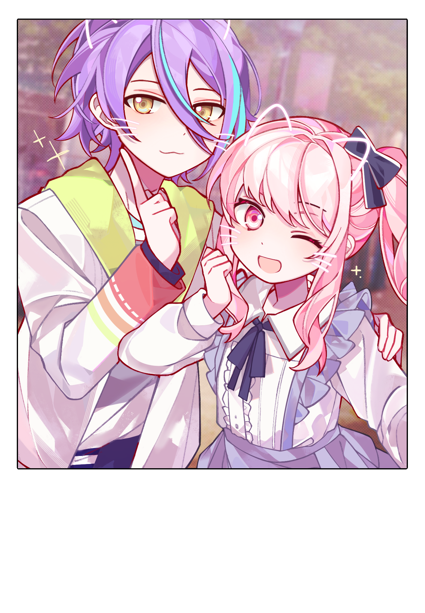 laylayhappy, akiyama mizuki, kamishiro rui, project sekai, chinese commentary, commentary request, highres, 1boy, 1other, :3, ;d, black bow, black ribbon, blue hair, blue skirt, blurry, blurry background, border, bow, center frills, clenched hand, closed mouth, collared shirt, day, drawn ears, drawn whiskers, drill hair, drill sidelocks, finger to cheek, frills, hair between eyes, hair bow, hand on another's shoulder, hand up, high side ponytail, index finger raised, jacket, lamppost, long sleeves, multicolored hair, neck ribbon, one eye closed, open clothes, open jacket, open mouth, outdoors, pink eyes, pink hair, puffy long sleeves, puffy sleeves, purple hair, ribbon, shirt, side ponytail, sidelocks, skirt, smile, sparkle, standing, streaked hair, suspender skirt, suspenders, swept bangs, tree, two-tone hair, upper body, white border, white jacket, white shirt, yellow eyes
