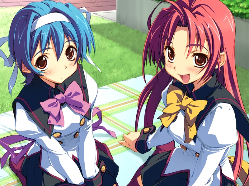 sameda koban, honda shizuru, honda yuuna, ai shimai ~docchi ni suruno!!~, game cg, 2girls, aqua eyes, blanket, blue hair, blush, bow, brown eyes, day, grass, hair ribbon, hairband, kneeling, long hair, looking up, multiple girls, outdoors, red hair, ribbon, school uniform, seiza, short hair, siblings, sisters, sitting, smile, thighhighs