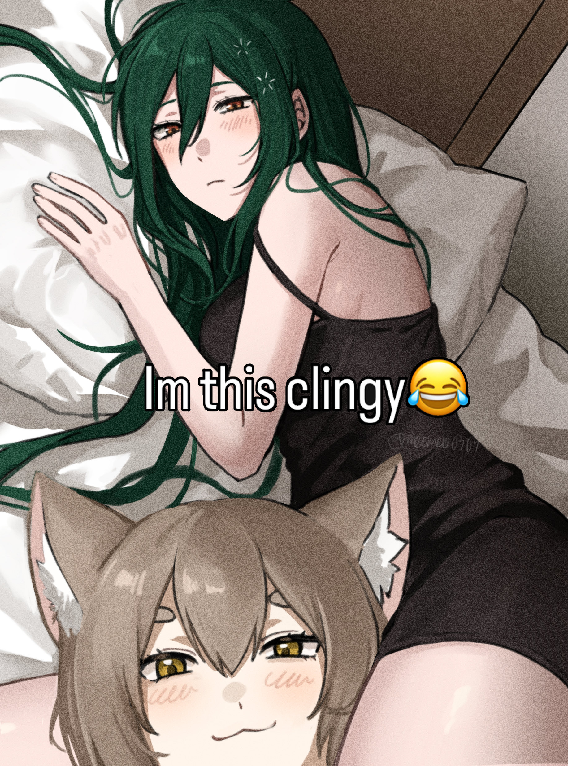 meomeo0303, crusch karsten, felix argyle, re:zero kara hajimeru isekai seikatsu, absurdres, commentary, english commentary, highres, photo-referenced, 1boy, 1girl, :3, animal ear fluff, artist name, bed, black nightgown, brown hair, cat boy, english text, green hair, head between thighs, i'm this clingy (meme), light frown, long hair, looking at viewer, lying, meme, messy hair, nightgown, on side, pillow, short hair, twitter username
