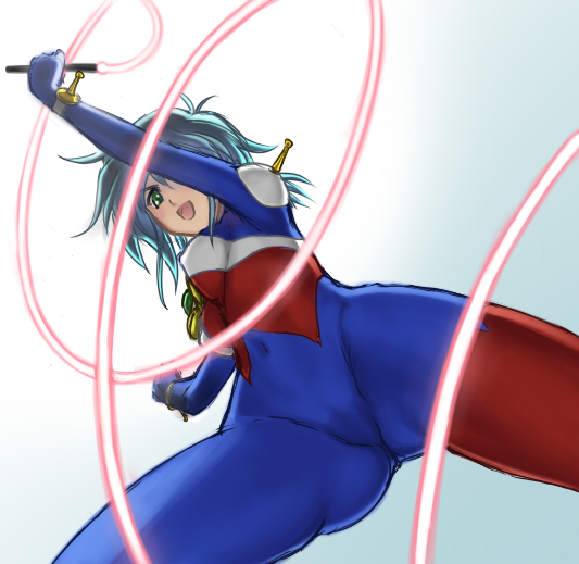 minus majin, allenby beardsley, g gundam, gundam, 1990s (style), 1girl, aqua eyes, aqua hair, beam ribbon, blue bodysuit, bodysuit, energy, energy sword, energy weapon, energy whip, female focus, from below, gymnastics, looking down, mecha pilot suit, mobile trace suit, retro artstyle, rhythmic gymnastics, ribbon, ribbon baton, solo, sword, weapon, whip, whip sword