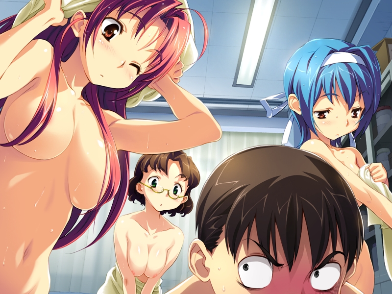 sameda koban, honda shizuru, honda yuuna, sakurai sayaka, ai shimai ~docchi ni suruno!!~, game cg, 1boy, 3girls, areola slip, black hair, blue hair, blush, breasts, brown hair, censored, convenient censoring, embarrassed, glasses, green eyes, hair censor, hair over breasts, hair ribbon, hairband, large breasts, locker, locker room, multiple girls, nude, one eye closed, red eyes, red hair, ribbon, short hair, siblings, sisters, topless female, towel, upper body, wet, wink