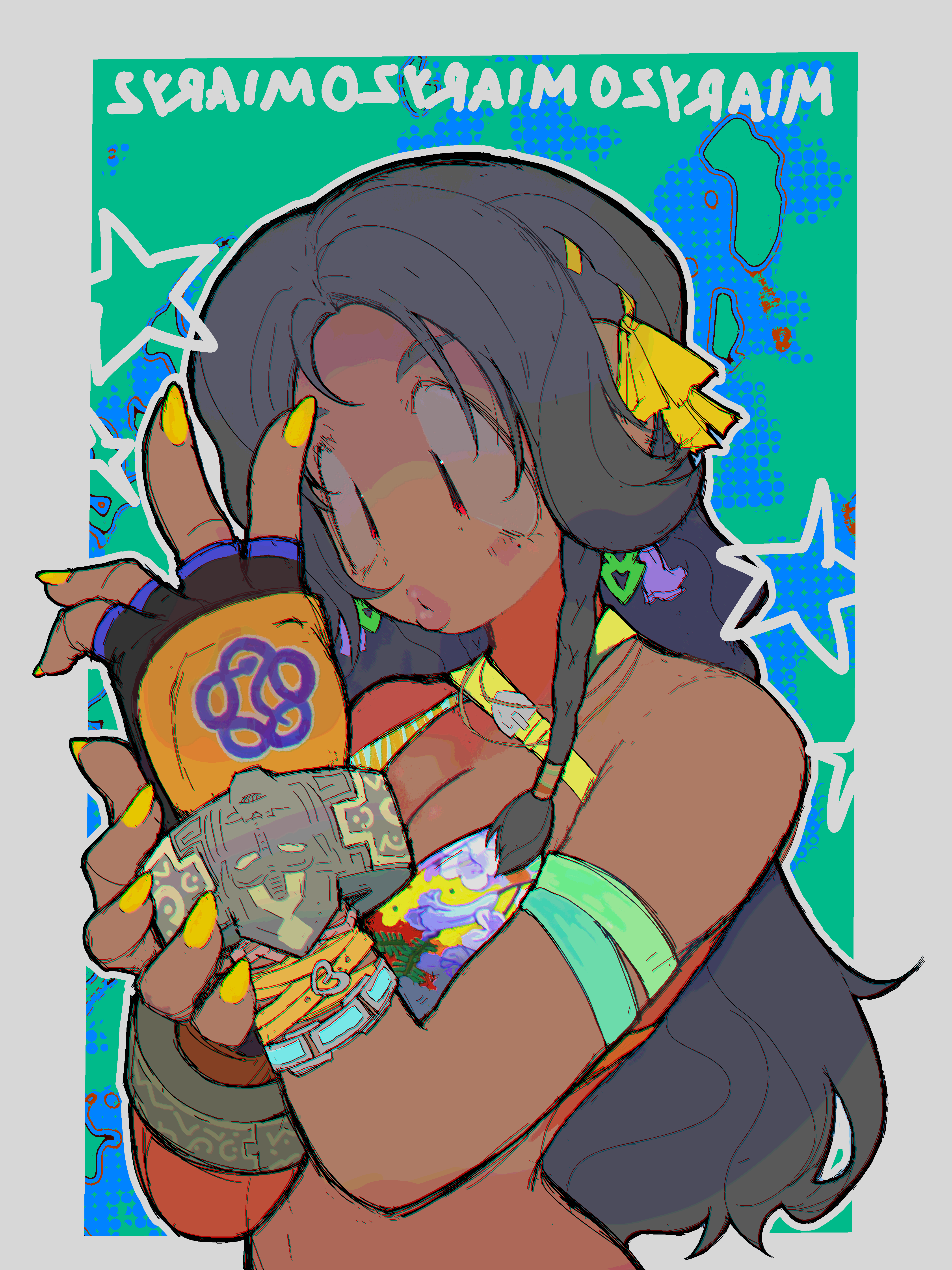 pyoko (sandwicha), miary zo, tekken, tekken 8, absurdres, commentary, highres, bikini, border, dark-skinned female, dark skin, fingerless gloves, floral print, floral print bikini, gloves, long hair, print bikini, swimsuit, yellow nails