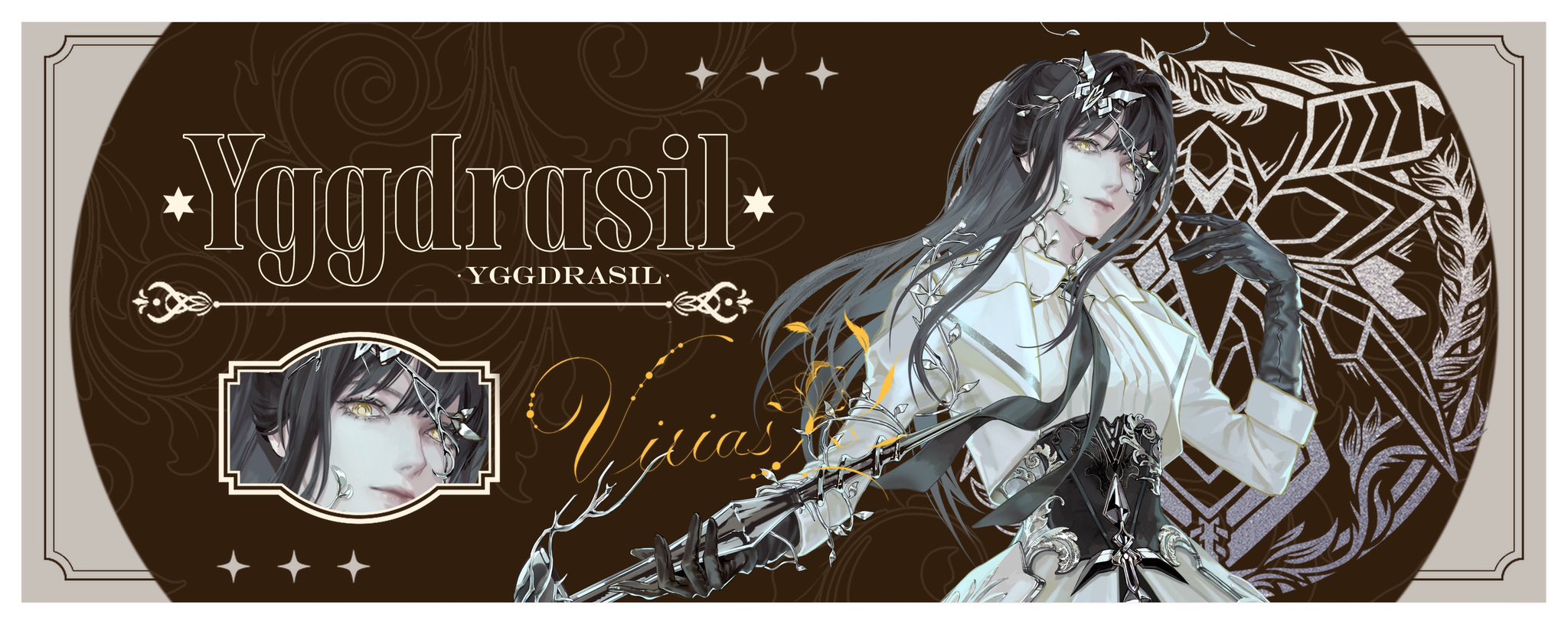 yggdrasill (digimon), digimon, highres, 1girl, black hair, closed mouth, dress, english text, eve7d6, gauntlets, gloves, holding, holding weapon, humanization, long hair, long sleeves, looking at viewer, simple background, solo, weapon, white dress, yellow eyes