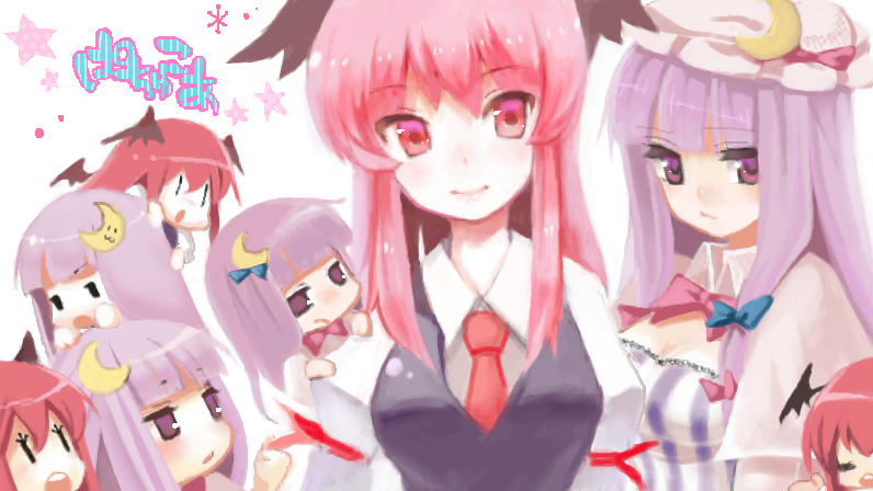 mamepon, koakuma, patchouli knowledge, embodiment of scarlet devil, touhou, bad id, bad pixiv id, 2girls, 6+girls, bat wings, chibi, clone, female focus, hair ribbon, hat, head wings, long hair, multiple girls, multiple views, purple eyes, purple hair, red eyes, red hair, ribbon, wings