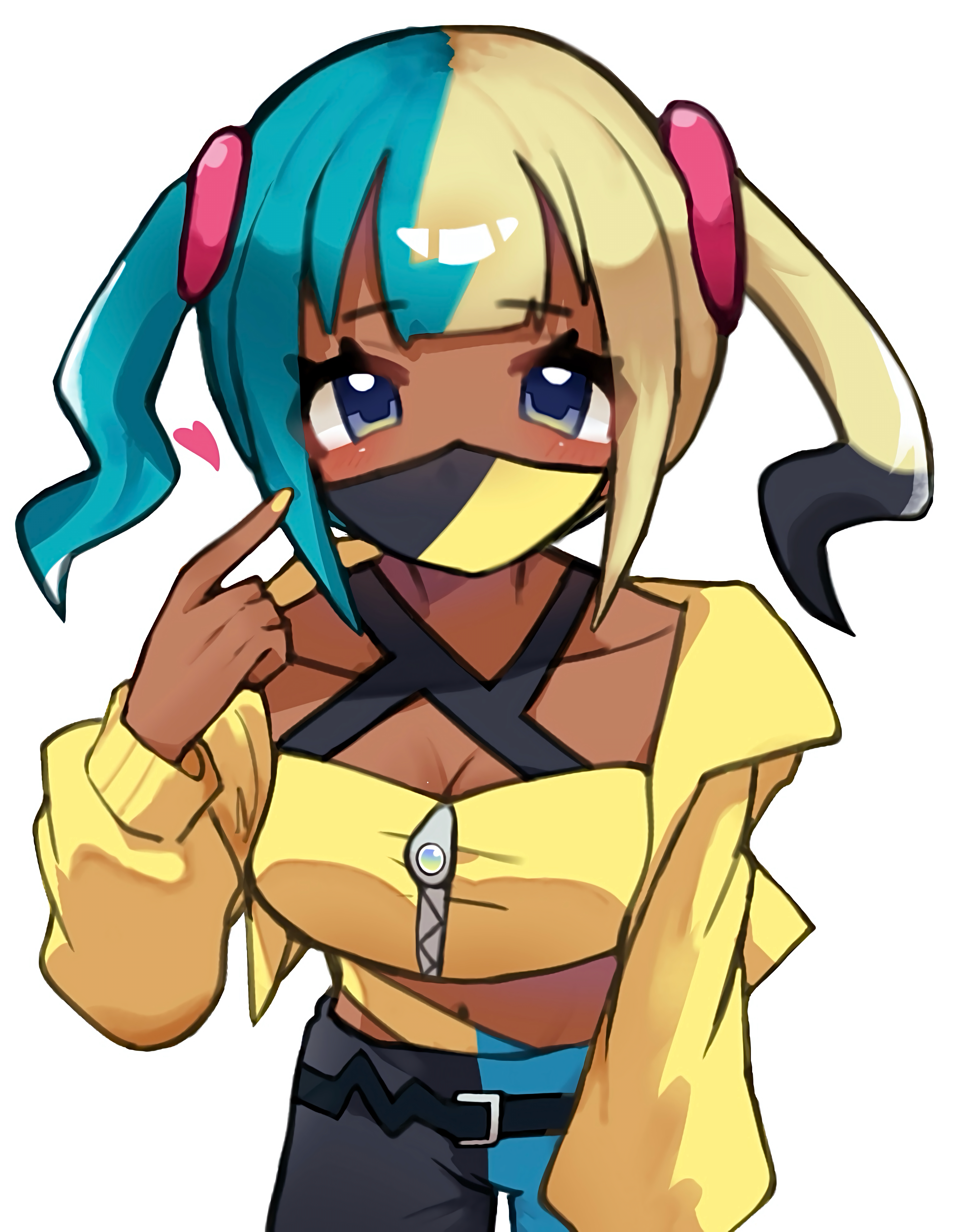 canari (pokemon), nintendo, pokemon, pokemon legends: z-a, absurdres, commentary request, highres, 1girl, bandeau, belt, black belt, blue eyes, breasts, cleavage, collarbone, eyelashes, hand up, heart, heart (ajad4474), index finger raised, jacket, leaning forward, long sleeves, looking at viewer, mask, mouth mask, multicolored hair, nail polish, open clothes, open jacket, pants, short twintails, simple background, solo, twintails, white background, yellow bandeau, yellow jacket, yellow nails, zipper, zipper pull tab