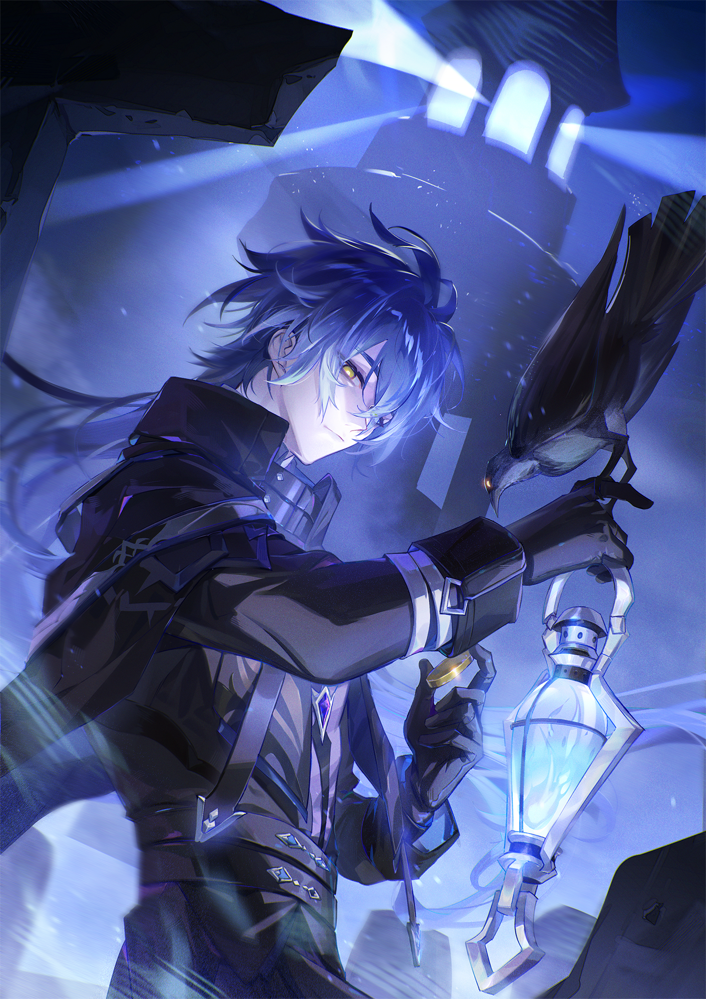 dr.k, flins (genshin impact), genshin impact, commentary, highres, 1boy, bird, bird on hand, black coat, black gloves, blue hair, closed mouth, coat, crow, from side, gloves, gradient hair, holding lamp, long hair, looking at viewer, male focus, multicolored hair, solo, two-tone hair, upper body, white hair, yellow eyes