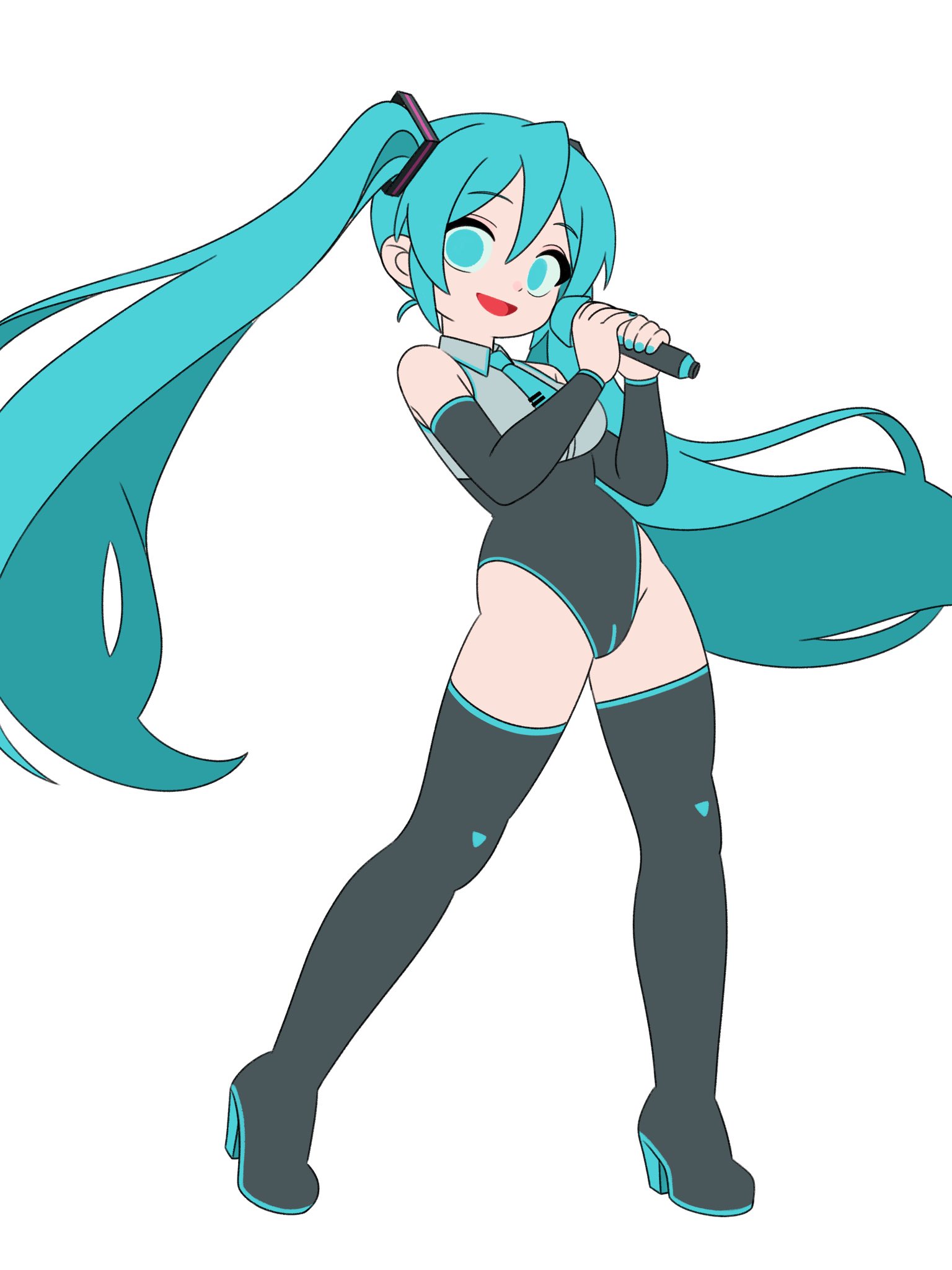 monster l (hochihochiha), hatsune miku, vocaloid, highres, 1girl, :d, alternate costume, aqua eyes, aqua hair, aqua nails, aqua necktie, black arm warmers, black leotard, black thighhighs, deformed, full body, grey shirt, holding, holding microphone, leotard, long hair, looking at viewer, microphone, necktie, open mouth, shirt, sidelocks, simple background, sleeveless, sleeveless shirt, smile, solo, thighhighs, twintails, white background