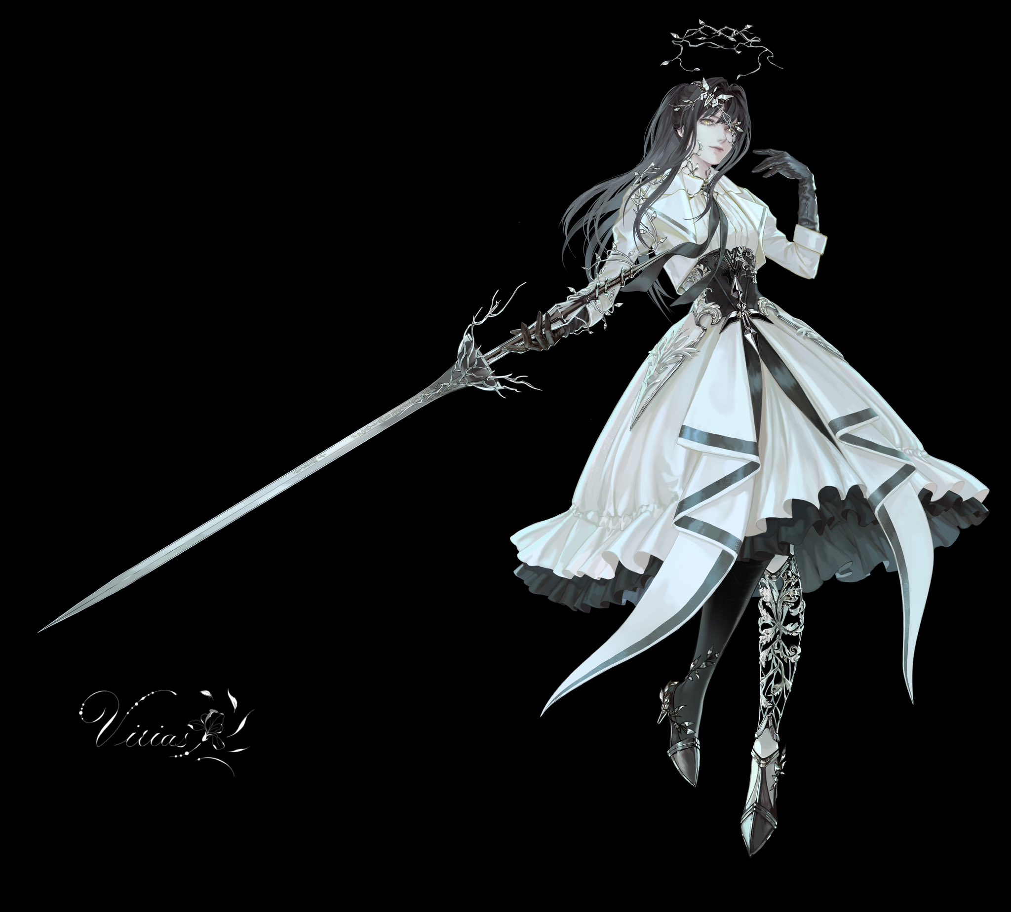 yggdrasill (digimon), digimon, highres, 1girl, black hair, closed mouth, dress, english text, eve7d6, full body, gauntlets, gloves, holding, holding weapon, humanization, long hair, long sleeves, looking at viewer, simple background, solo, weapon, white dress, yellow eyes