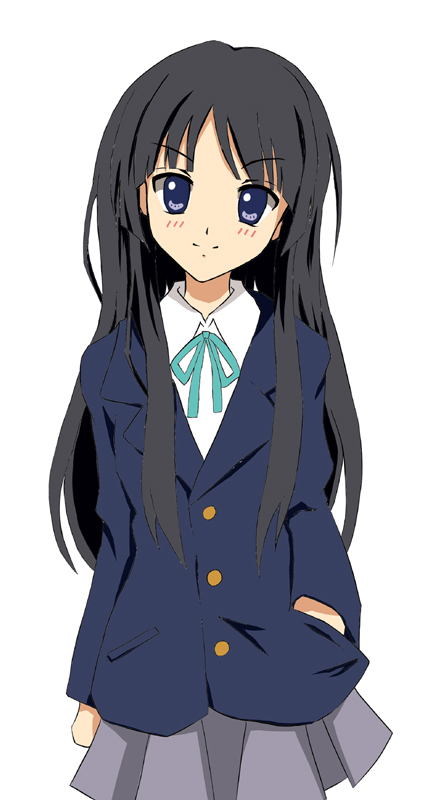 kuroi hitsuji, akiyama mio, k-on!, bad id, bad pixiv id, 00s, 1girl, black hair, blue eyes, blunt bangs, female focus, hime cut, long hair, school uniform, simple background, solo