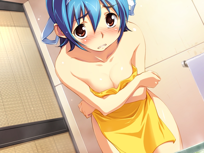 sameda koban, honda yuuna, ai shimai ~docchi ni suruno!!~, game cg, 1girl, aqua eyes, bathroom, blue hair, blush, breasts, brown eyes, cleavage, covering privates, crossed arms, embarrassed, female focus, hair ribbon, hairband, looking at viewer, medium breasts, nude, nude cover, open mouth, ribbon, short hair, solo, standing, teeth, towel