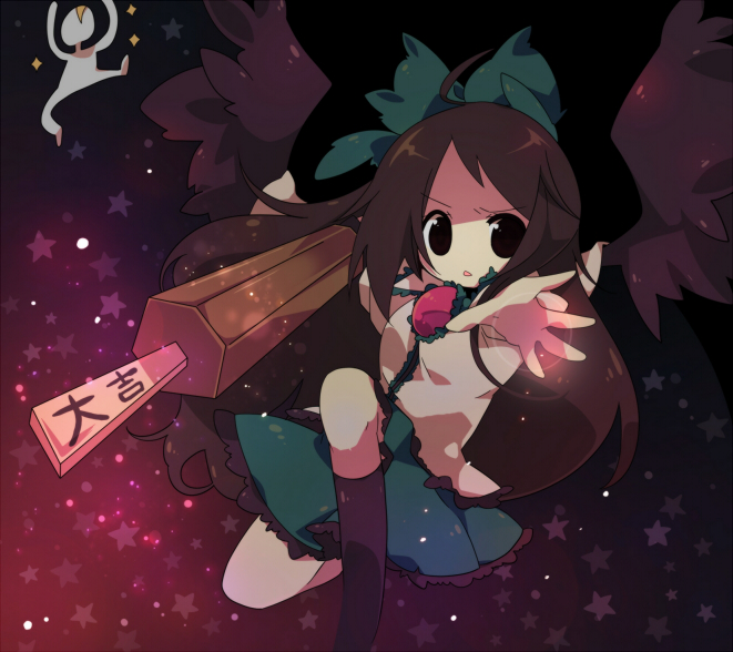ana (rznuscrf), reiuji utsuho, touhou, bad id, bad pixiv id, 1girl, arm cannon, black hair, bow, chibi, female focus, foreshortening, hair bow, long hair, magic, omikuji, outstretched arm, outstretched hand, parody, solo, weapon, wings