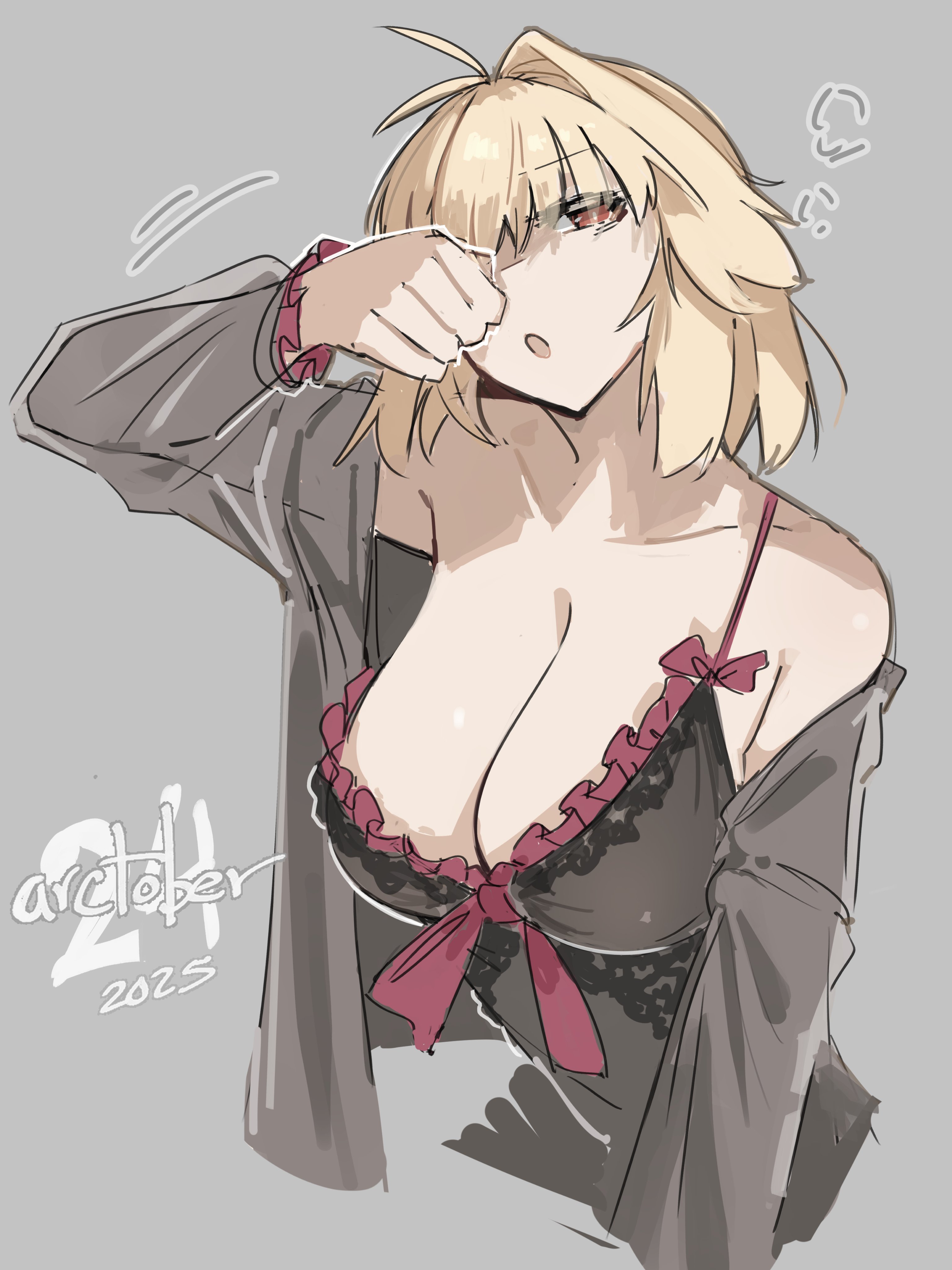 jonyeld, arcueid brunestud, tsukihime, absurdres, highres, 1girl, bare shoulders, black dress, blonde hair, breasts, cleavage, collarbone, dated, dress, grey background, large breasts, red eyes, short hair, simple background, solo