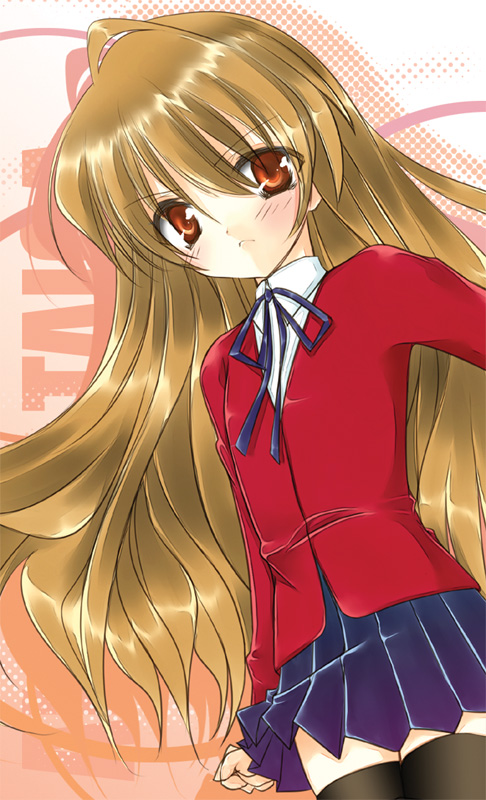 kohaku (raynart), aisaka taiga, toradora!, bad id, bad pixiv id, 00s, brown eyes, brown hair, flat chest, from below, long hair, school uniform, solo, thighhighs