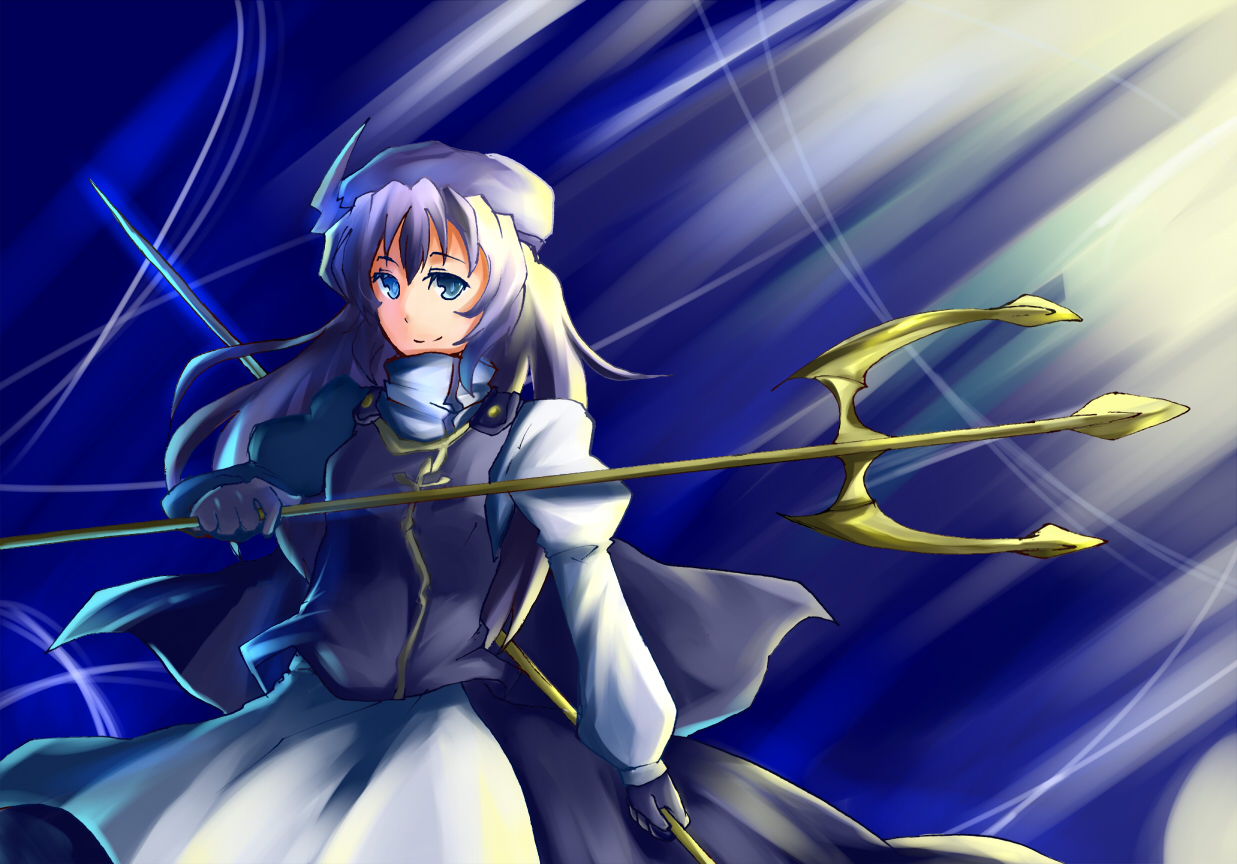 asumi chikyuu, ikeii, ex letty, letty whiterock, touhou, bad id, bad pixiv id, 1girl, blue eyes, female focus, hat, long hair, polearm, solo, spear, standing, trident, weapon