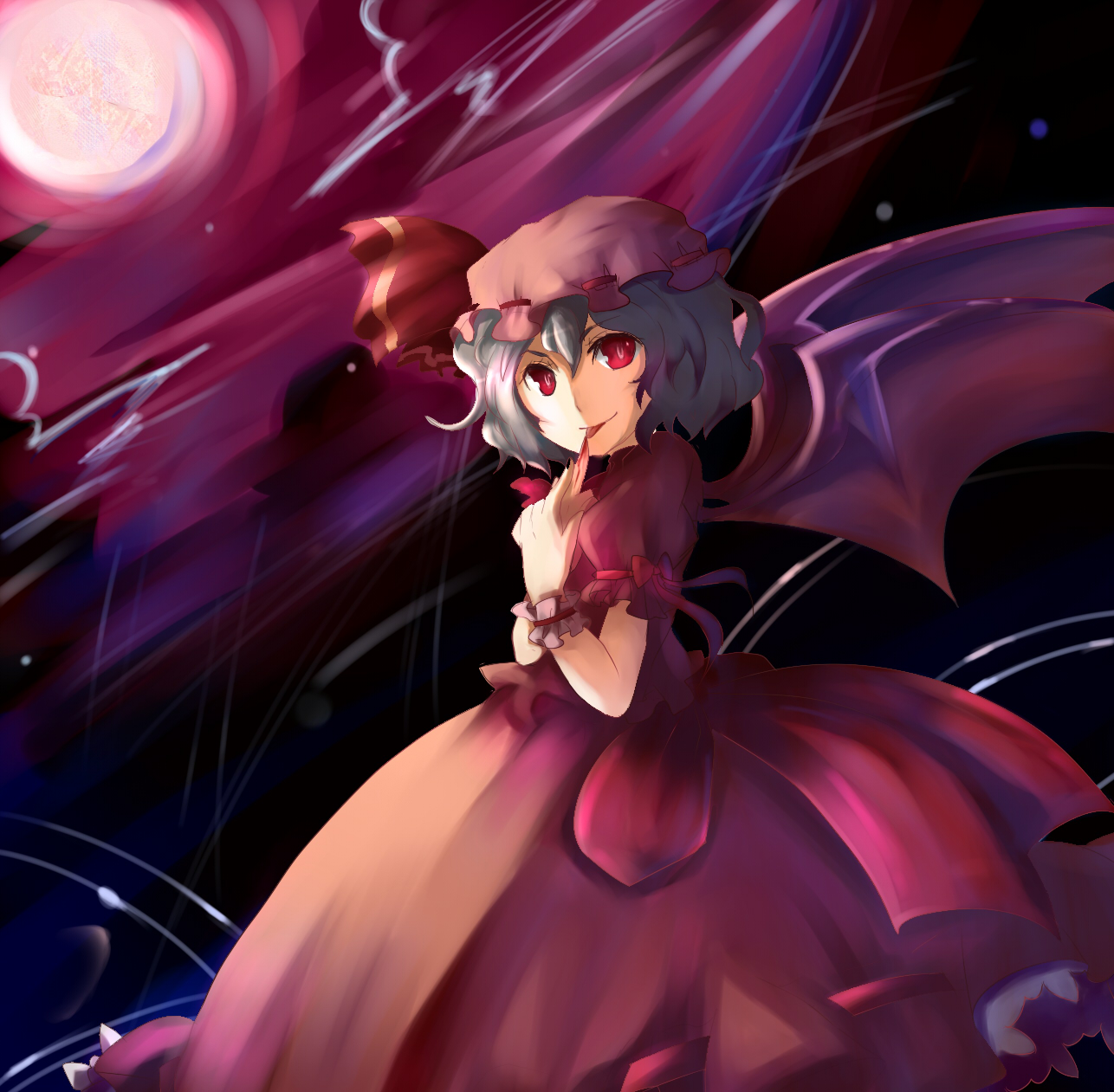 asumi chikyuu, ikeii, remilia scarlet, touhou, bad id, bad pixiv id, highres, 1girl, bat wings, blood, blue hair, female focus, gradient background, hat, moon, outdoors, red eyes, red moon, short hair, sky, solo, wings