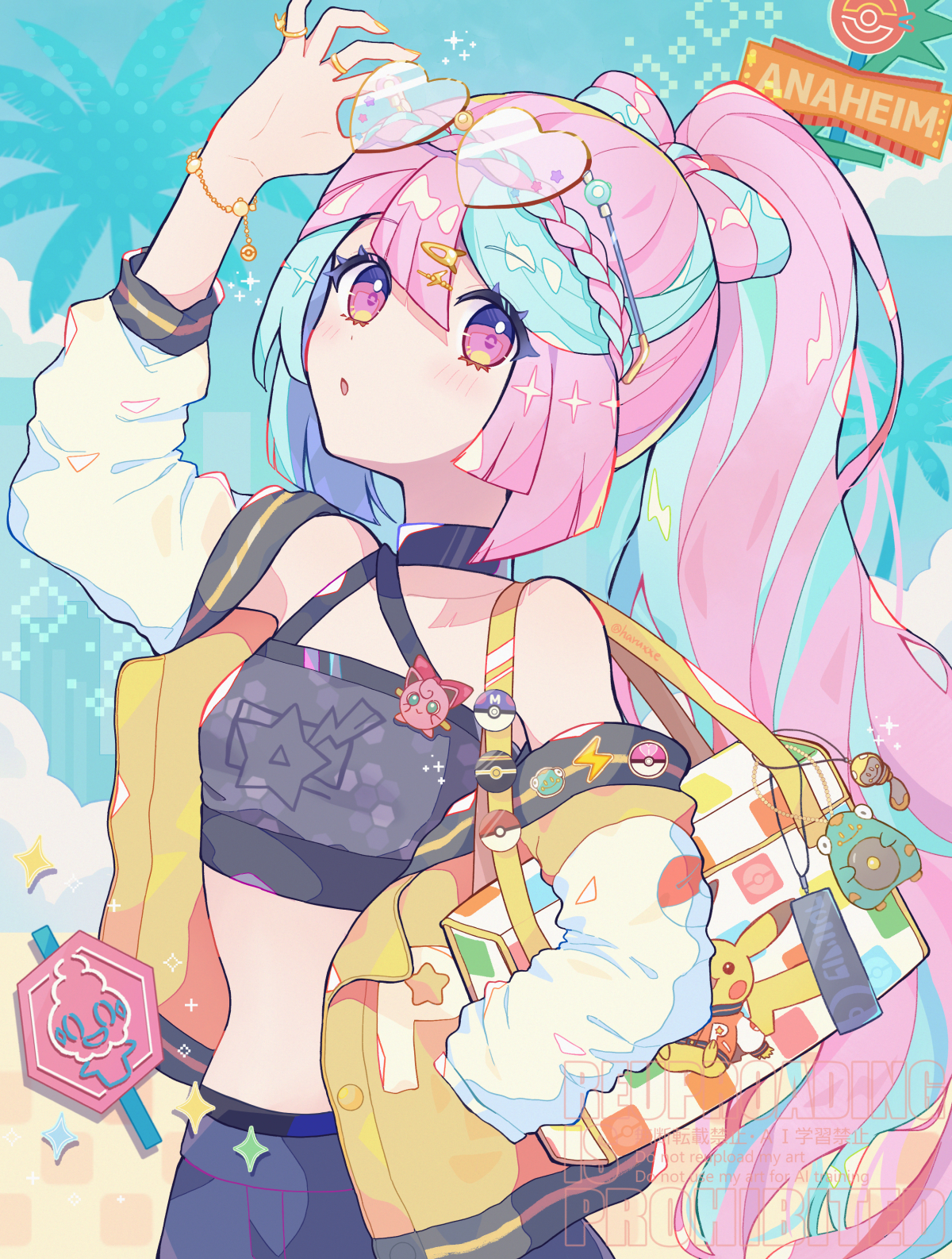 haru (haruxxe), bellibolt, iono (pokemon), jigglypuff, pikachu, vanillite, nintendo, pokemon, pokemon sv, highres, 1girl, adjusting eyewear, alternate costume, alternate hairstyle, bag, bag charm, black choker, blue hair, blush, bracelet, braid, breasts, character charm, charm (object), choker, crop top, eyewear on head, gen 1 pokemon, gen 5 pokemon, heart, heart-shaped eyewear, jacket, jewelry, lightning bolt symbol, long hair, long sleeves, looking at viewer, love ball, luxury ball, master ball, midriff, multicolored hair, multiple rings, open clothes, open jacket, parted lips, pin, pink hair, poke ball, poke ball (basic), ponytail, purple eyes, ring, shorts, shoulder bag, solo, star (symbol), sunglasses, white sleeves, yellow jacket