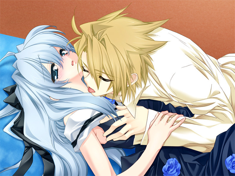 toujou sakana, ashe (under the moon), sena (under the moon), under the moon, game cg, 1boy, 1girl, blonde hair, blue hair, blush, breasts, closed eyes, couple, flower, grabbing another's breast, groping, hetero, lying, on back, rose, small breasts, tongue, white hair