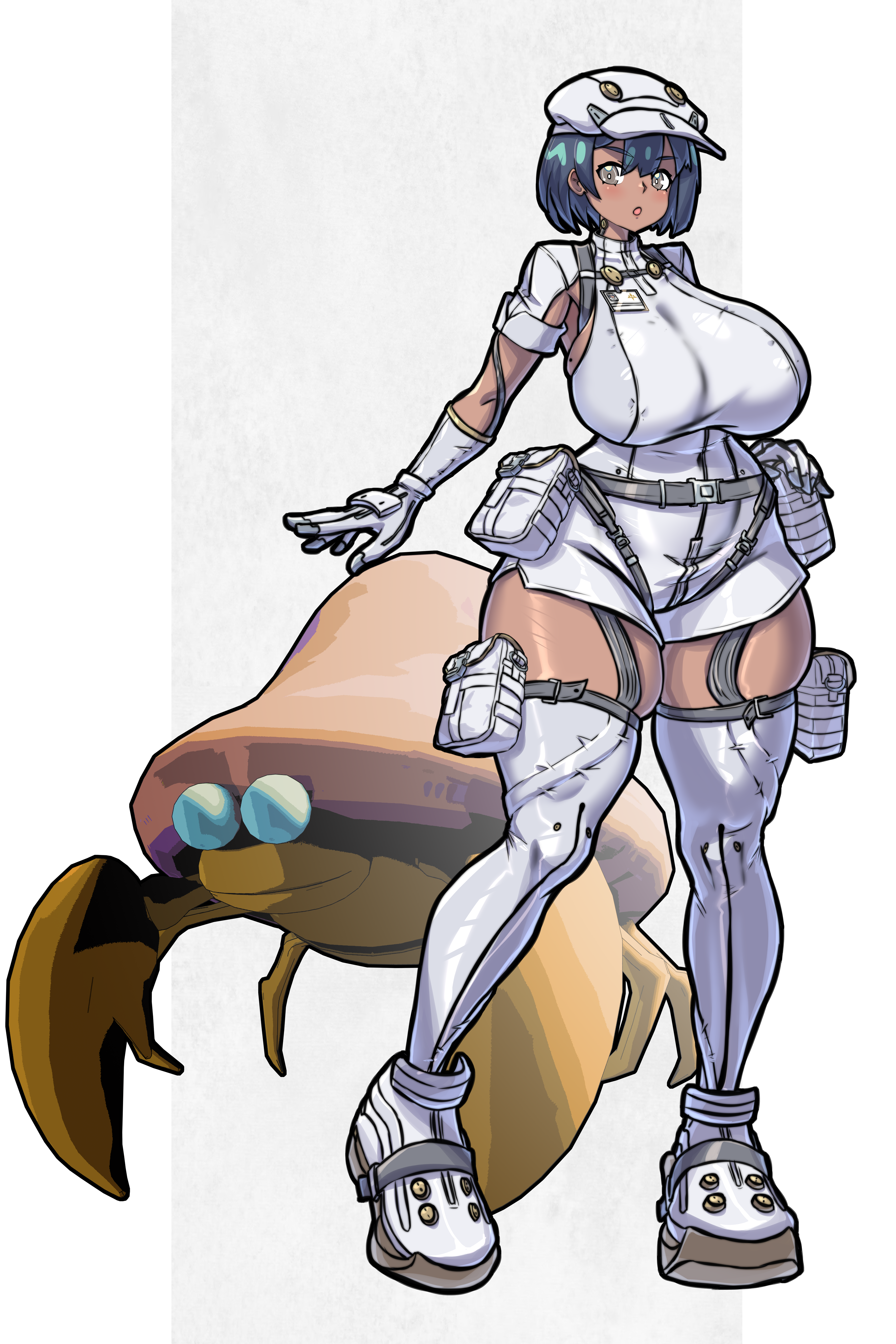 mold (pixiv6616319), aether foundation employee, parasect, nintendo, pokemon, pokemon sm, absurdres, highres, 1girl, black hair, breasts, dark skin, gen 1 pokemon, gloves, hat, large breasts, pokemon (creature), short hair, tan, white gloves