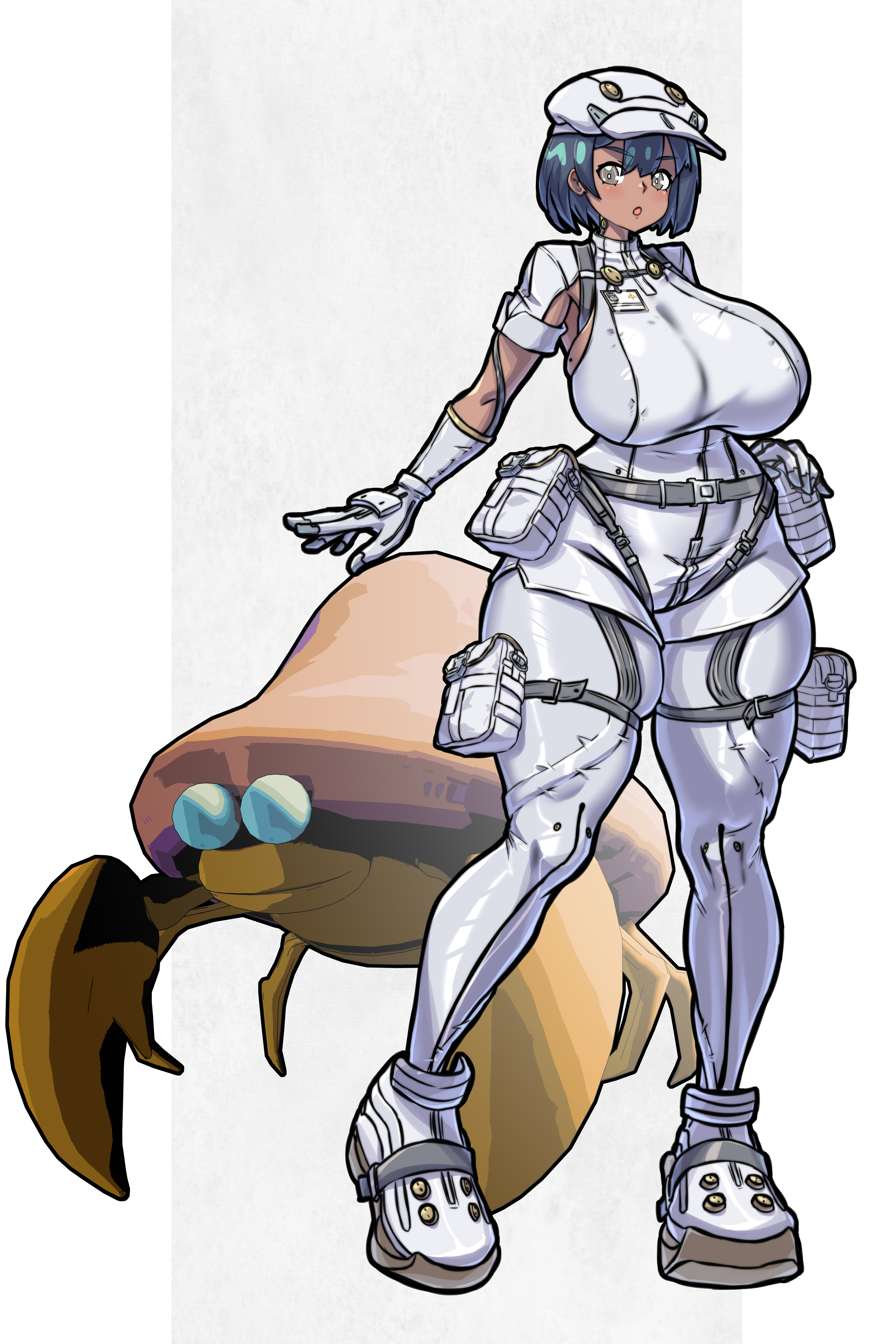 mold (pixiv6616319), aether foundation employee, parasect, nintendo, pokemon, pokemon sm, absurdres, highres, 1girl, black hair, breasts, dark skin, gen 1 pokemon, gloves, hat, large breasts, pokemon (creature), short hair, tan, white gloves