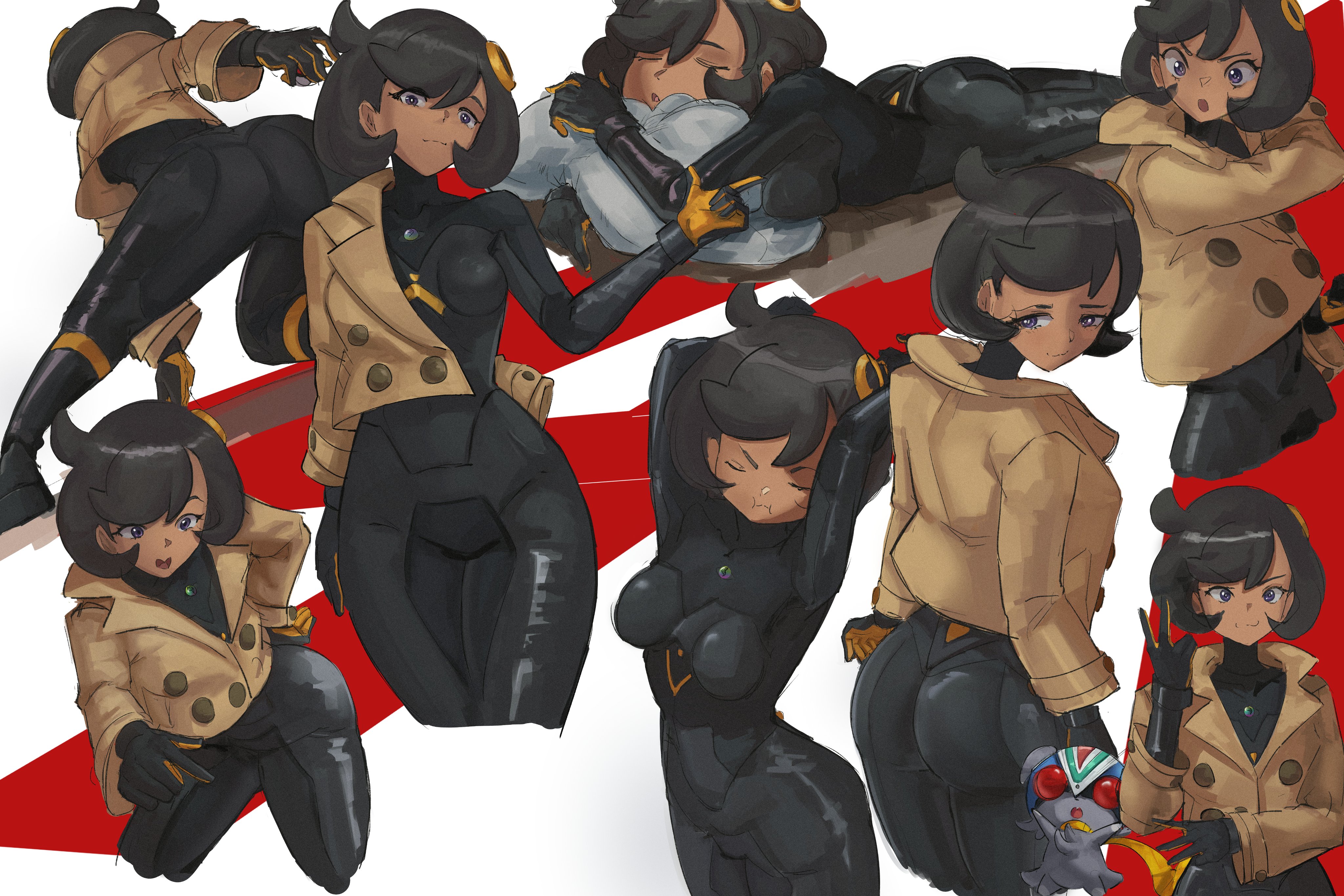 blackleo2090, emma (pokemon), espurr, kamen rider, nintendo, pokemon, pokemon legends: z-a, absurdres, highres, 1girl, ass, black bodysuit, black hair, bodysuit, bodysuit under clothes, breasts, brown jacket, closed mouth, dark-skinned female, dark skin, gen 6 pokemon, gloves, hair ornament, jacket, looking at viewer, open mouth, pokemon (creature), purple eyes, short hair, simple background, sleeping, smile