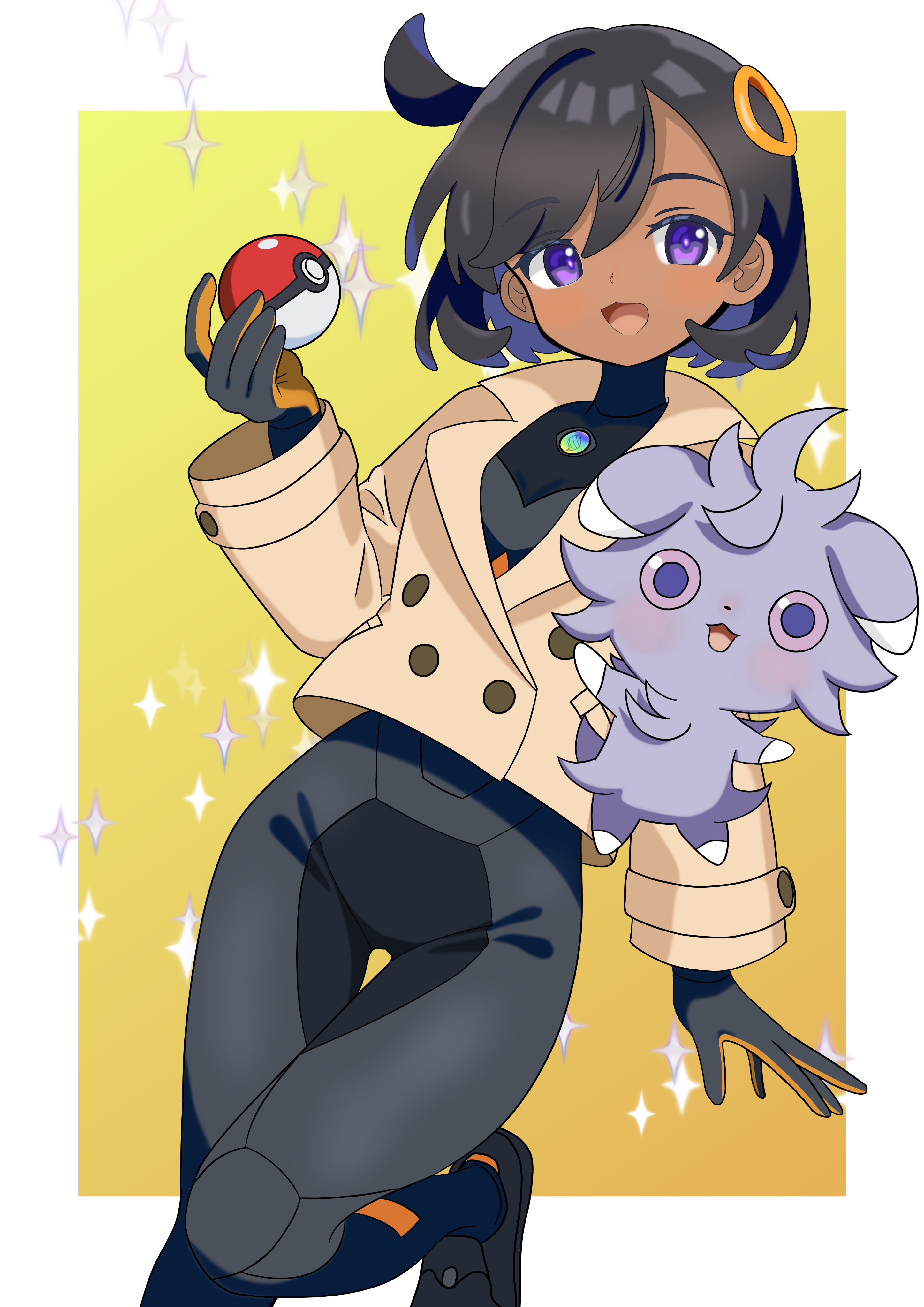 soramame (mvfn8342), emma (pokemon), espurr, nintendo, pokemon, pokemon legends: z-a, absurdres, commentary request, highres, 1girl, :d, black bodysuit, black hair, bodysuit, bodysuit under clothes, border, collared jacket, gen 6 pokemon, gloves, hand up, happy, head tilt, holding, holding poke ball, jacket, leg up, long sleeves, looking at viewer, one side up, open mouth, outside border, poke ball, poke ball (basic), pokemon (creature), purple eyes, ring hair ornament, short hair, smile, sparkle, tongue, white border, yellow background