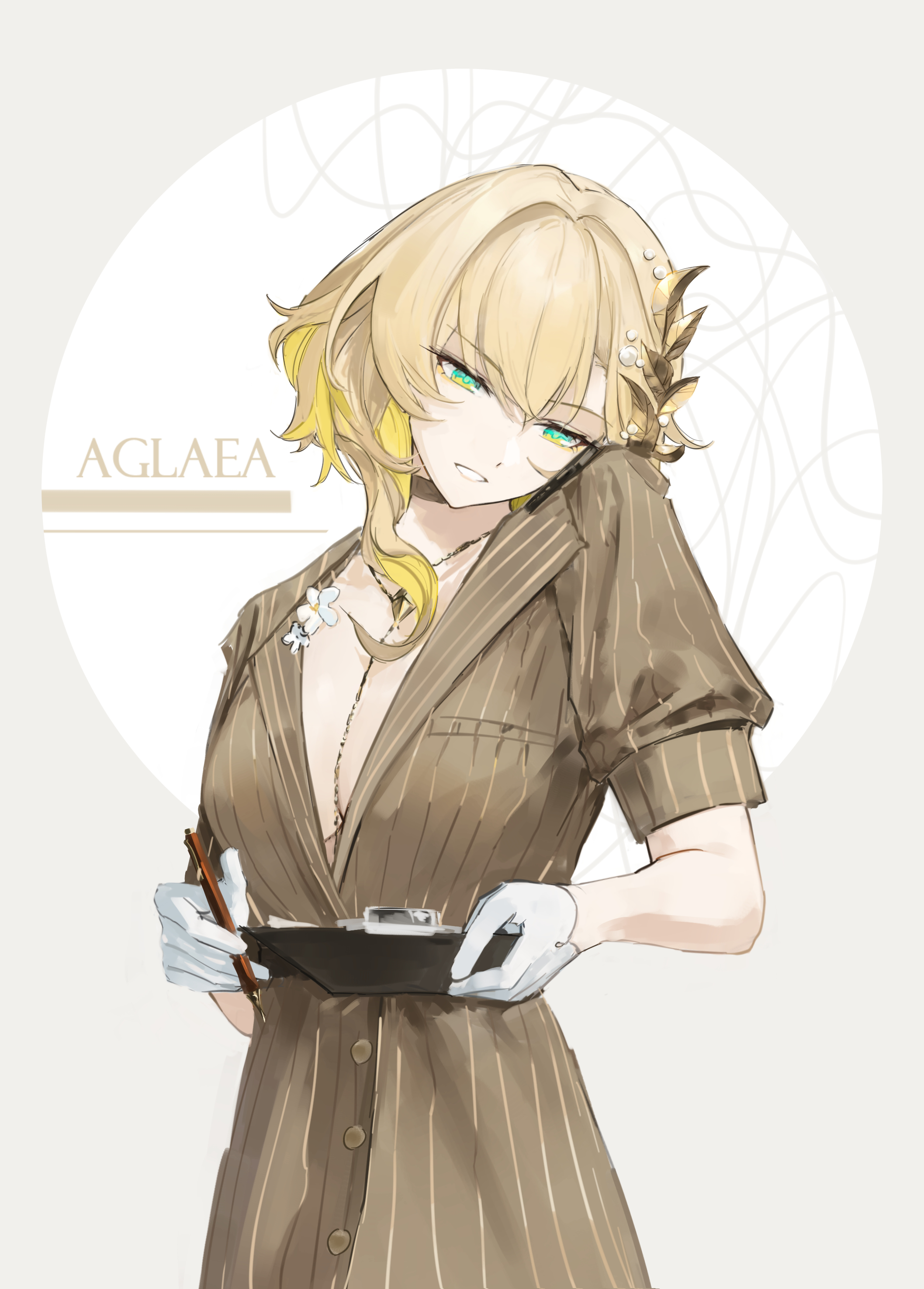 miaooon, aglaea (fashion) (honkai: star rail), aglaea (honkai: star rail), honkai: star rail, honkai (series), absurdres, chinese commentary, commentary request, highres, 1girl, blonde hair, breasts, brown background, brown choker, brown jacket, character name, choker, cleavage, clipboard, cowboy shot, flower, gloves, green eyes, hair between eyes, hair ornament, holding, holding clipboard, holding pen, jacket, large breasts, long hair, looking down, official alternate costume, open clothes, open jacket, parted lips, pen, phone, short sleeves, simple background, solo, white background, white flower, white gloves