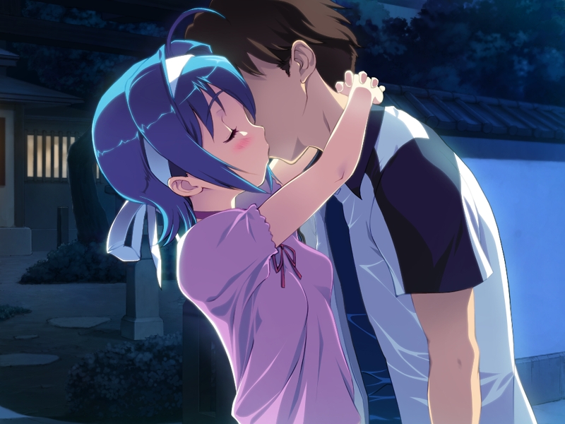 sameda koban, honda yuuna, shinjou takaya, ai shimai ~docchi ni suruno!!~, game cg, 1boy, 1girl, ahoge, blue hair, blush, brown hair, choker, clenched hands, closed eyes, couple, faceless, faceless male, hair between eyes, hair intakes, hair ribbon, hairband, hetero, house, hug, kiss, leaning back, leaning forward, night, open clothes, open shirt, outdoors, profile, ribbon, shirt, short hair, sidelocks, tree, upper body