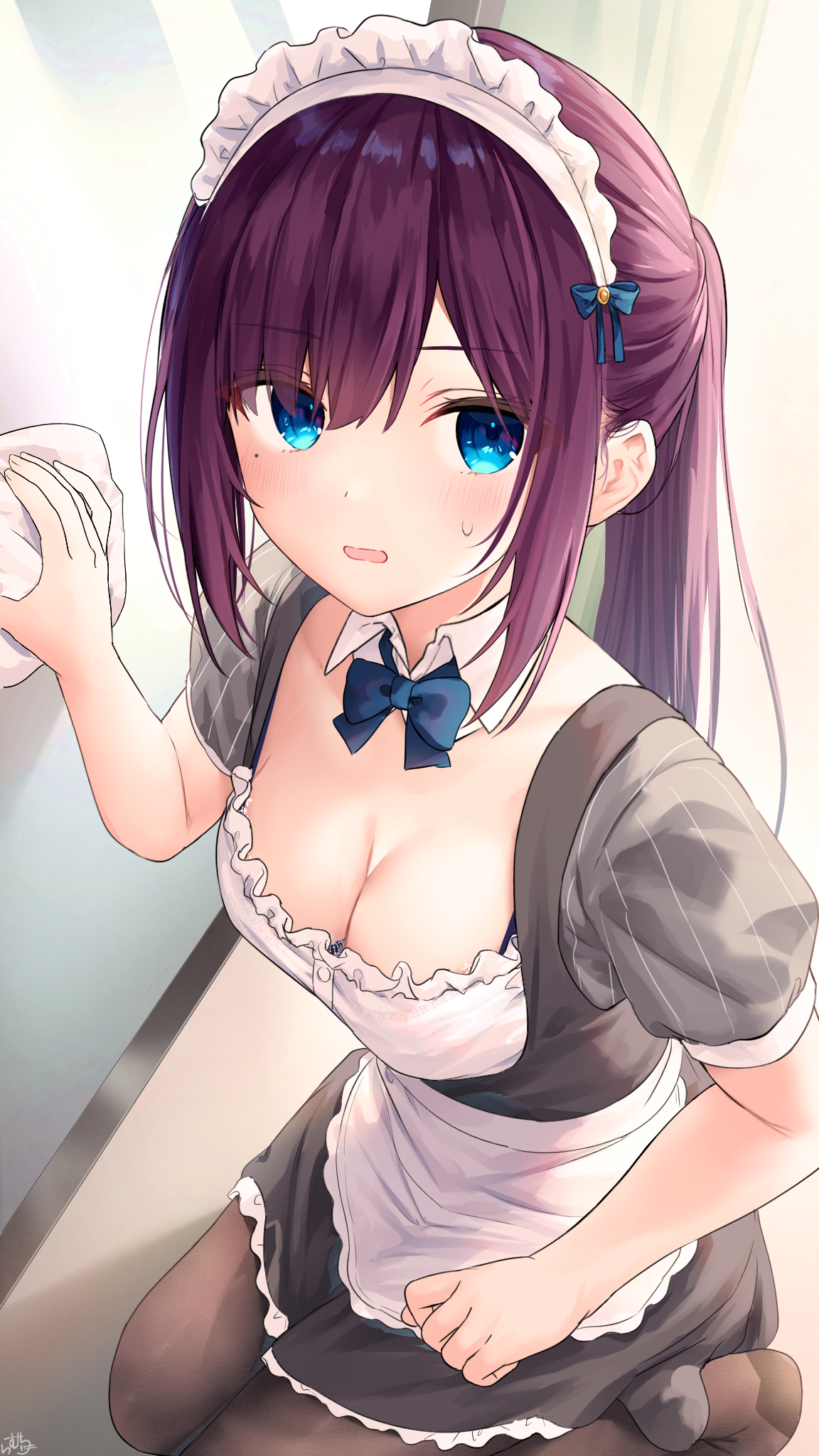 ramchi, maid-chan (ramchi), original, highres, 1girl, apron, black dress, black pantyhose, blue bow, blue bowtie, blue eyes, bow, bowtie, breasts, cleaning, cleavage, detached collar, dress, frilled apron, frills, kneeling, long hair, looking at viewer, maid, maid apron, maid headdress, medium breasts, mole, mole under eye, pantyhose, parted lips, ponytail, purple hair, sidelocks, solo, sweatdrop, swept bangs, waist apron, white apron