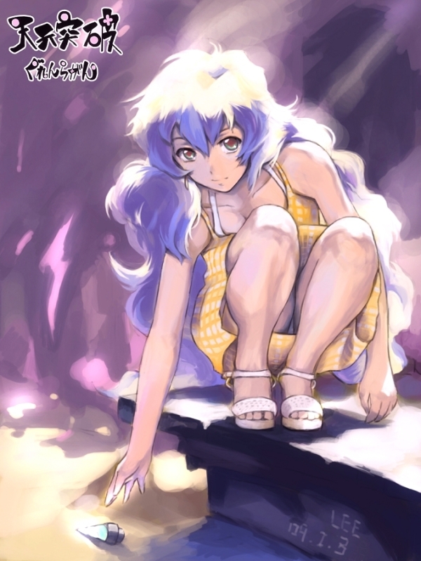 zhuxiao517, nia teppelin, tengen toppa gurren lagann, bad id, bad pixiv id, + +, 00s, 1girl, breasts, cleavage, copyright name, cross-shaped pupils, dated, dress, female focus, full body, legs, long hair, panties, pantyshot, sandals, solo, sundress, symbol-shaped pupils, underwear, very long hair