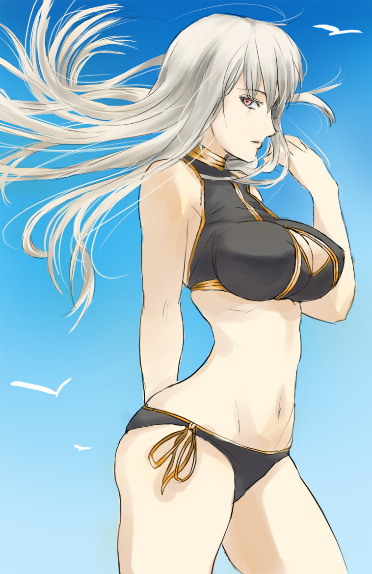 fura, selvaria bles, senjou no valkyria, senjou no valkyria (series), senjou no valkyria 1, silver hair, 00s, 1girl, bikini, black bikini, breasts, cleavage, cleavage cutout, clothing cutout, female focus, large breasts, pink eyes, side-tie bikini bottom, solo, swimsuit