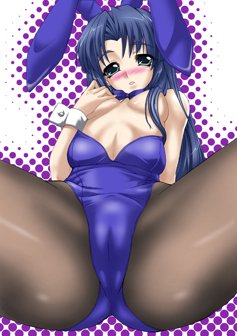 minoura-mino, toron, asakura ryoko, suzumiya haruhi no yuuutsu, 00s, 1girl, animal ears, blue eyes, blue hair, blush, breasts, female focus, grabbing another's breast, grabbing own breast, groping, long hair, matching hair/eyes, pantyhose, playboy bunny, rabbit ears, solo, undressing