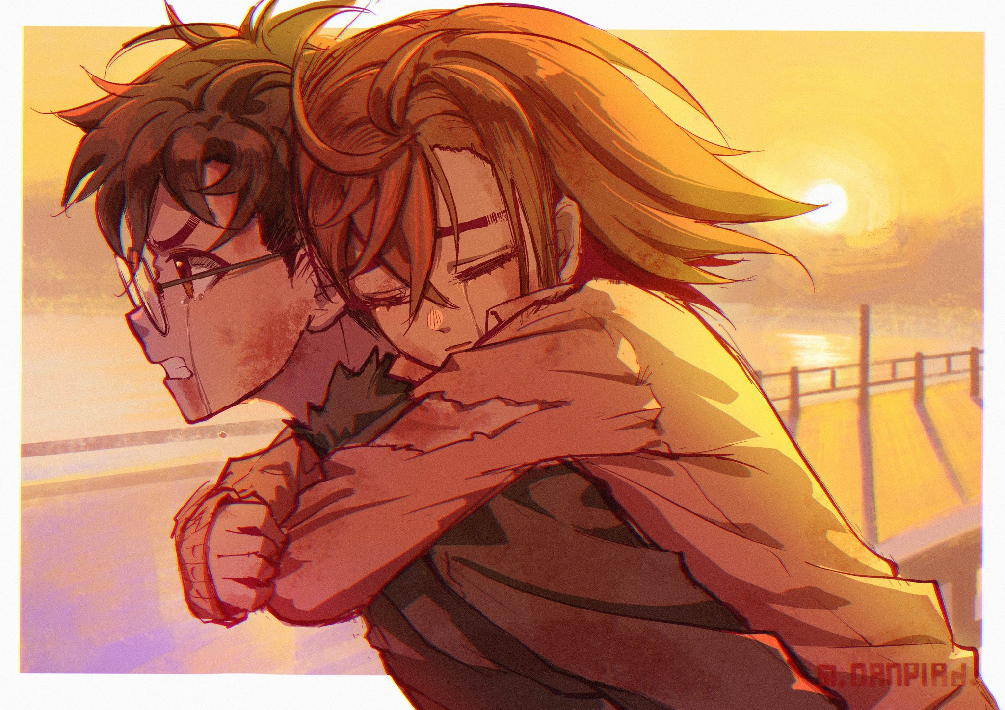 danieldanlllll, ayase momo, takakura ken (dandadan), dandadan, commentary request, highres, 1boy, 1girl, arms around neck, battle damage, black hair, black jacket, brown eyes, brown hair, bruise, bruise on arm, bruise on face, carrying, closed mouth, crying, crying with eyes open, from side, gakuran, glasses, hair between eyes, injury, jacket, kami high school uniform, long sleeves, medium hair, orange sky, outdoors, piggyback, pink sweater, profile, school uniform, short hair, sky, sun, sunset, sweater, tears, torn clothes, upper body