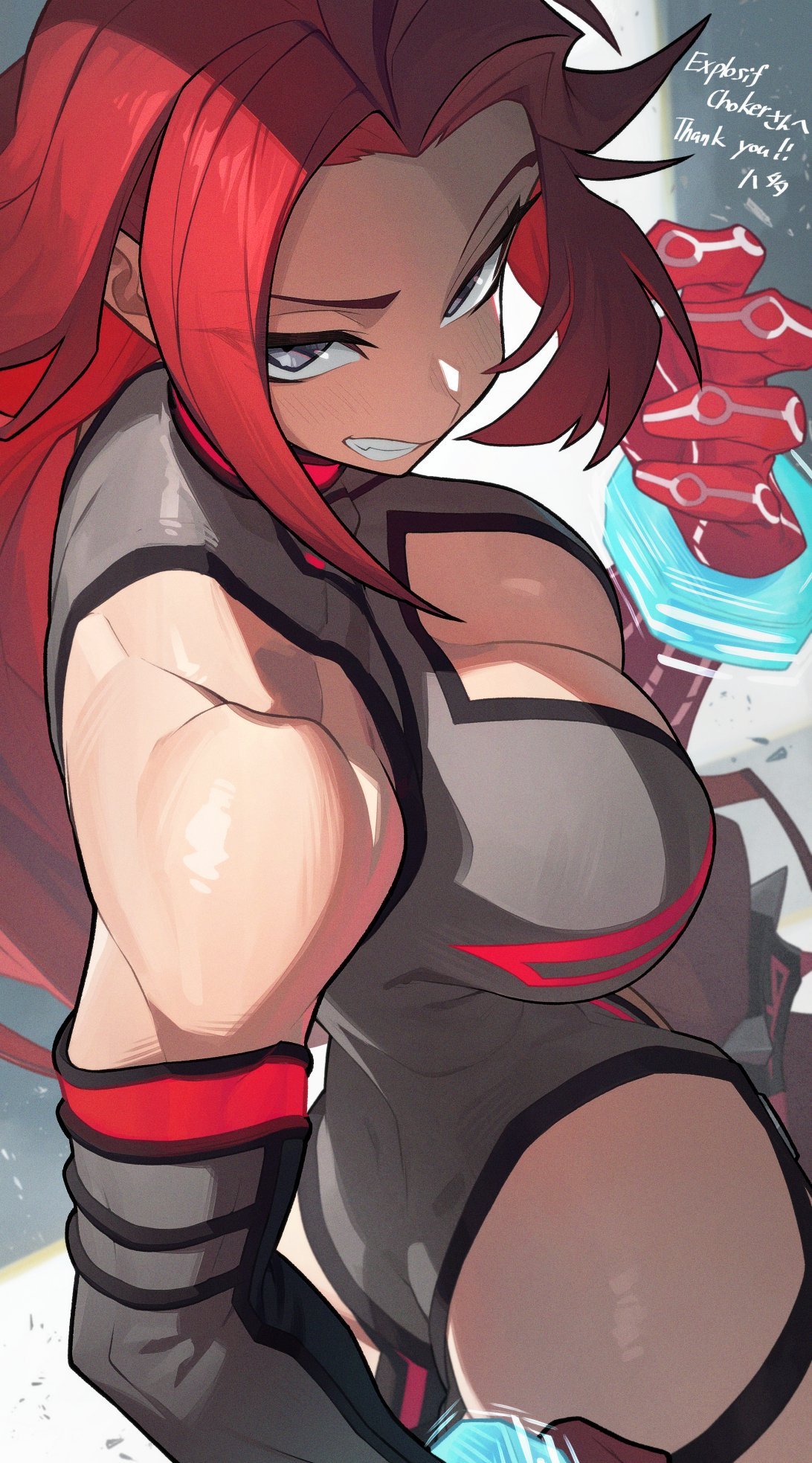 hata4564, original, commission, highres, skeb commission, 1girl, breasts, cleavage, cleavage cutout, clothing cutout, elbow gloves, gloves, grey eyes, grey gloves, grey leotard, grin, large breasts, leotard, long hair, looking back, parted bangs, red gloves, red hair, smile, solo