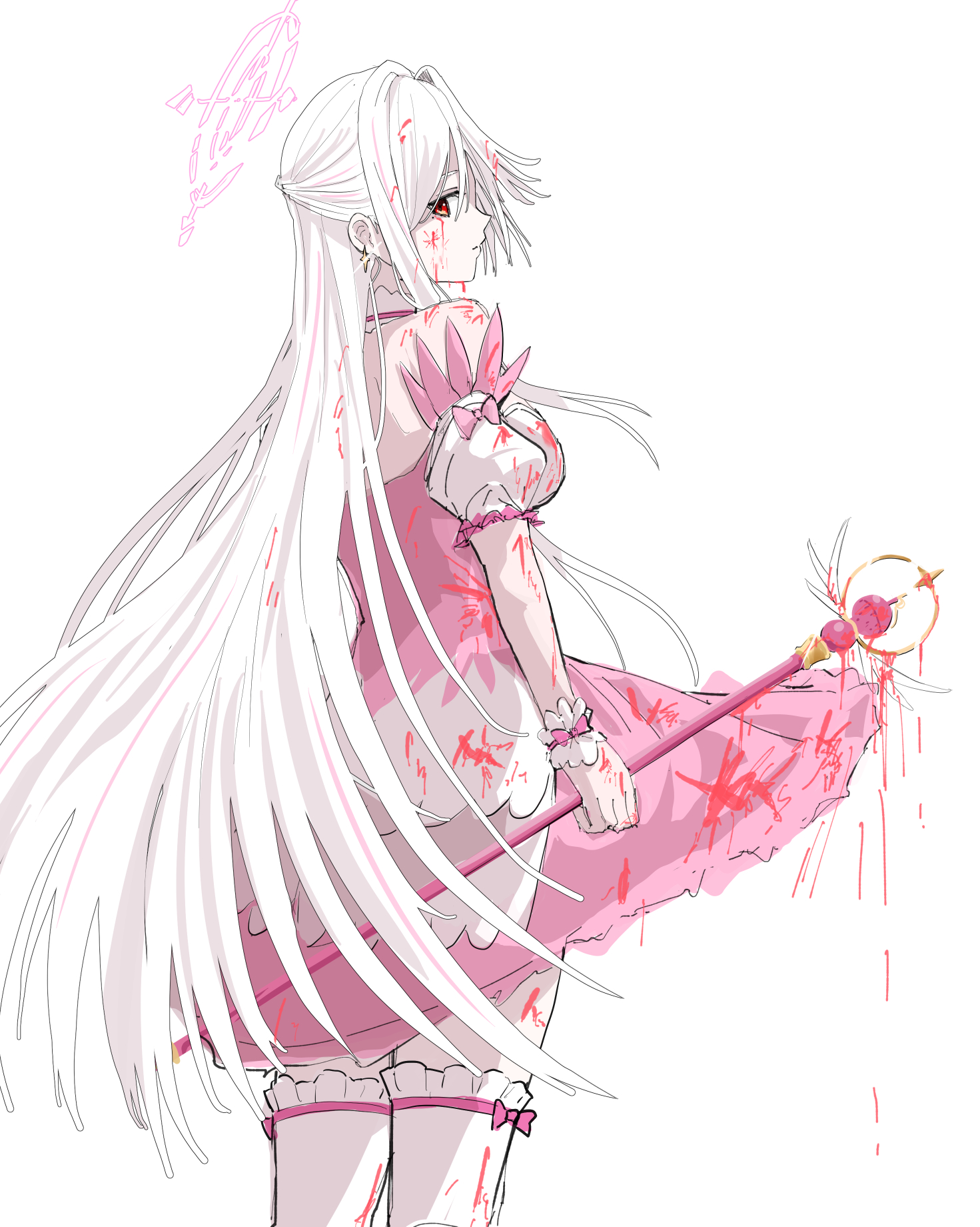 yatsuka mirin, suzumi (blue archive), suzumi (magical) (blue archive), blue archive, commentary request, highres, 1girl, blood, blood in hair, blood on clothes, blood on face, bloody weapon, broken halo, detached sleeves, dress, facing away, feet out of frame, halo, holding, holding staff, long hair, looking at viewer, looking back, mage staff, magical girl, official alternate costume, pink dress, pink skirt, red eyes, simple background, single hair intake, skirt, solo, staff, thighhighs, very long hair, weapon, white background, white hair, white theme, zettai ryouiki