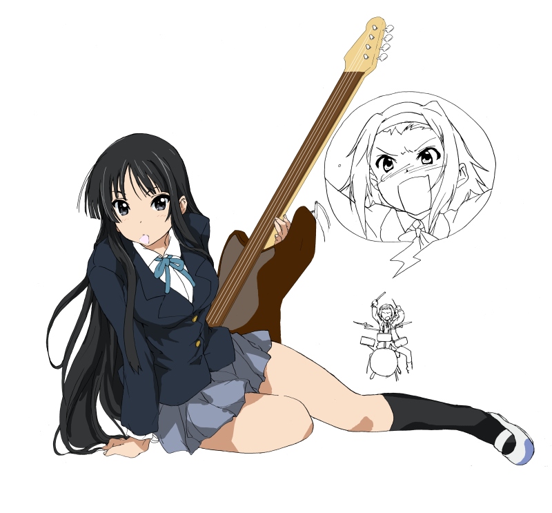matsukura nemu, akiyama mio, tainaka ritsu, k-on!, 00s, 2girls, bass guitar, black socks, instrument, kneehighs, mouth hold, multiple girls, school uniform, shoes, socks, uwabaki