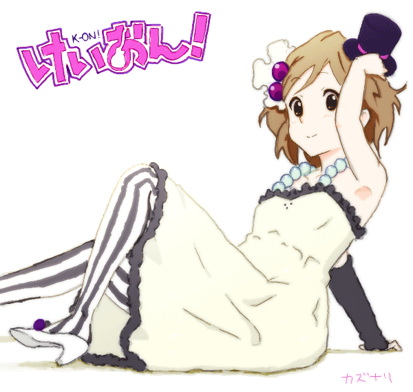 kazunari, hirasawa yui, don't say "lazy", k-on!, 00s, 1girl, female focus, hat, hat tip, mini hat, mini top hat, pantyhose, solo, striped clothes, striped pantyhose, top hat, vertical-striped clothes, vertical-striped pantyhose