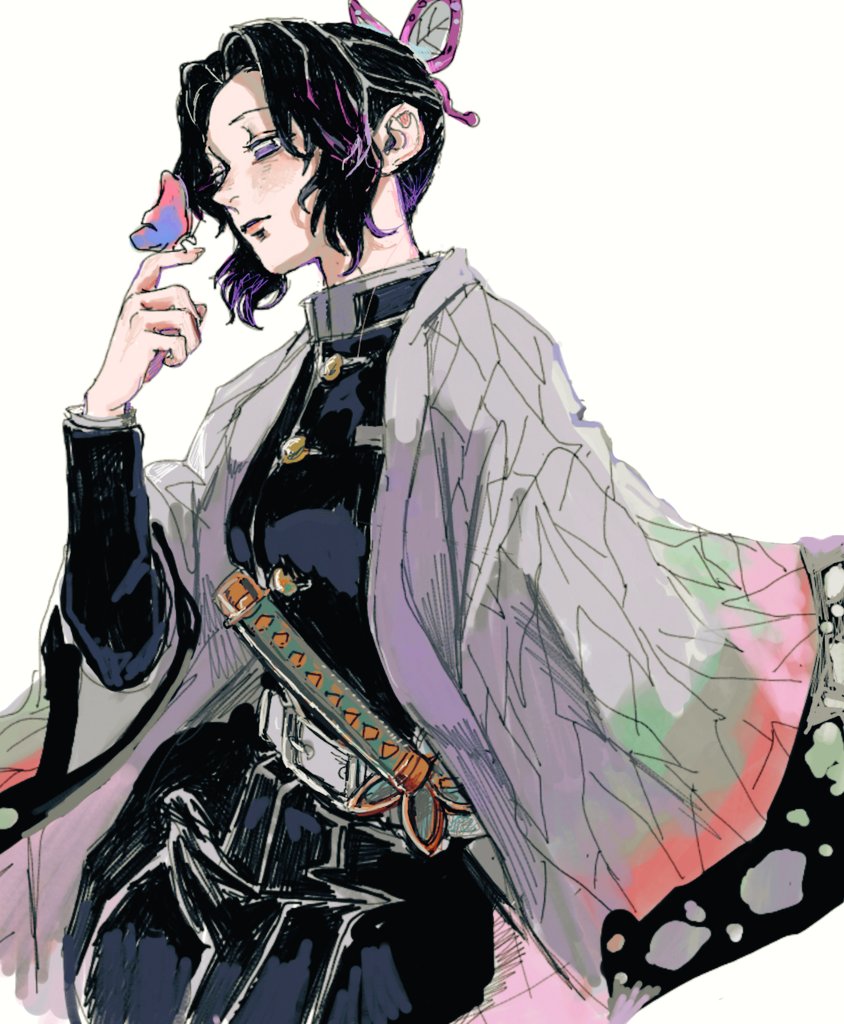 kochou shinobu, kimetsu no yaiba, 1girl, animal print, bug, butterfly, butterfly hair ornament, butterfly print, checkered haori, demon slayer uniform, flower, gago n, gradient hair, hair ornament, haori, insect, japanese clothes, multicolored hair, print haori, purple butterfly, wisteria