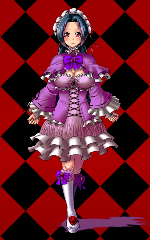 yokkora, miura azusa, idolmaster, idolmaster (classic), idolmaster 1, 00s, 1girl, blue hair, breasts, cleavage, female focus, frills, gothic lolita, hairband, large breasts, lolita fashion, red eyes, solo