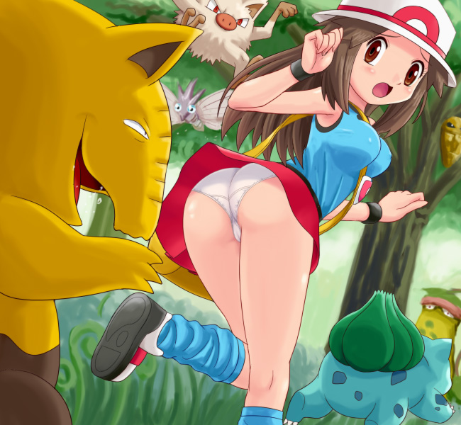 pokemoa, bulbasaur, drowzee, kakuna, leaf (pokemon), mankey, venomoth, victreebel, nintendo, pokemon, pokemon frlg, 00s, 1girl, ass, bag, bare shoulders, between breasts, breasts, brown eyes, brown hair, cameltoe, clothes lift, forest, from behind, gen 1 pokemon, grass, handbag, hat, large breasts, legs, long hair, looking back, loose socks, nature, open mouth, panties, pantyshot, pokemon (creature), pokephilia, porkpie hat, running, shoes, skirt, skirt lift, sneakers, socks, standing, tank top, tree, trefoil, underwear, upskirt, white panties, wristband, you gonna get raped