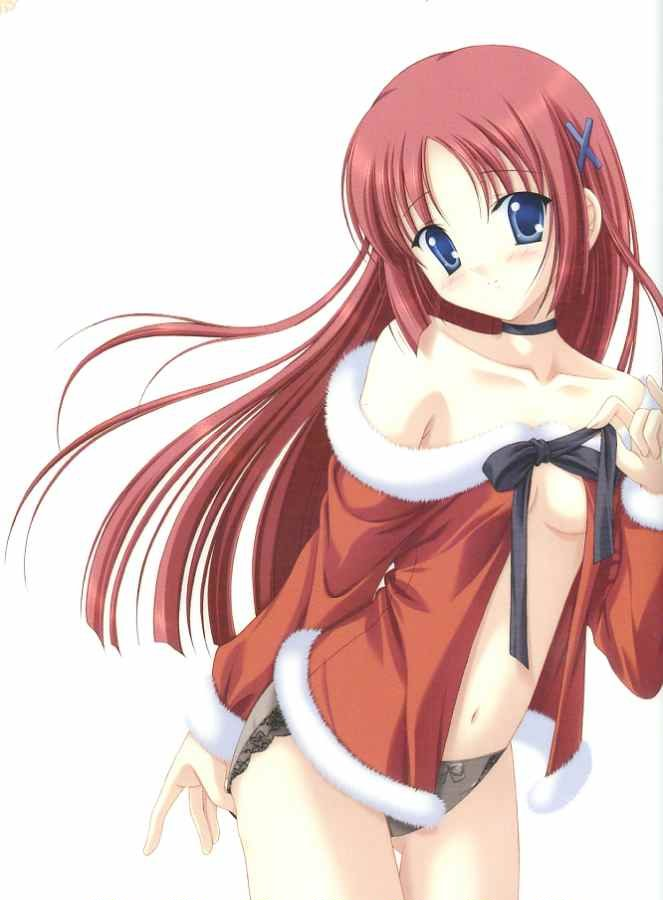 shirakawa kotori, da capo, da capo i, jpeg artifacts, 00s, 1girl, black panties, blue eyes, female focus, hair ornament, lingerie, long hair, no bra, panties, red hair, solo, underwear