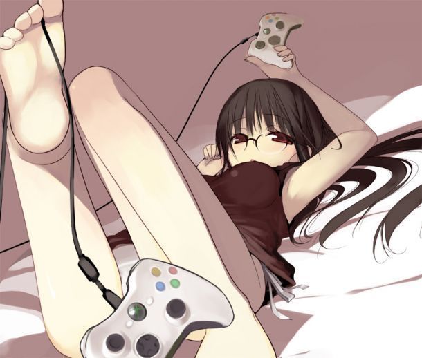 kashiwamochi yomogi, arima senne, original, jpeg artifacts, barefoot, black hair, controller, feet, game console, game controller, glasses, solo, xbox 360