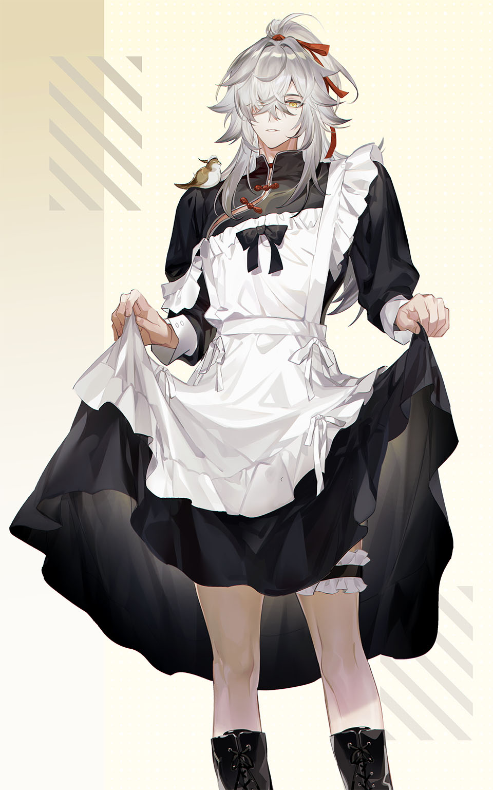 dr.k, jing yuan, honkai: star rail, honkai (series), highres, 1boy, animal, animal on shoulder, apron, bird, bird on shoulder, black dress, clothes lift, crossdressing, crossdressing (mtf), dress, dress lift, frilled apron, frills, grey hair, hair over one eye, high ponytail, long hair, maid, maid apron, maid headdress, male focus, male maid, mole, mole under eye, parted lips, ponytail, red ribbon, ribbon, single off shoulder, solo, teeth, white apron, white hair, yellow eyes