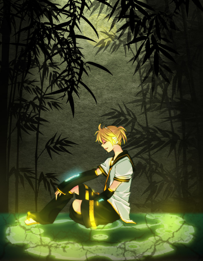 unibouzu, uya, kagamine len, vocaloid, 1boy, bamboo, bamboo forest, blonde hair, closed eyes, detached sleeves, forest, headphones, male focus, microphone, moon, nature, necktie, ponytail, short hair, sitting, solo
