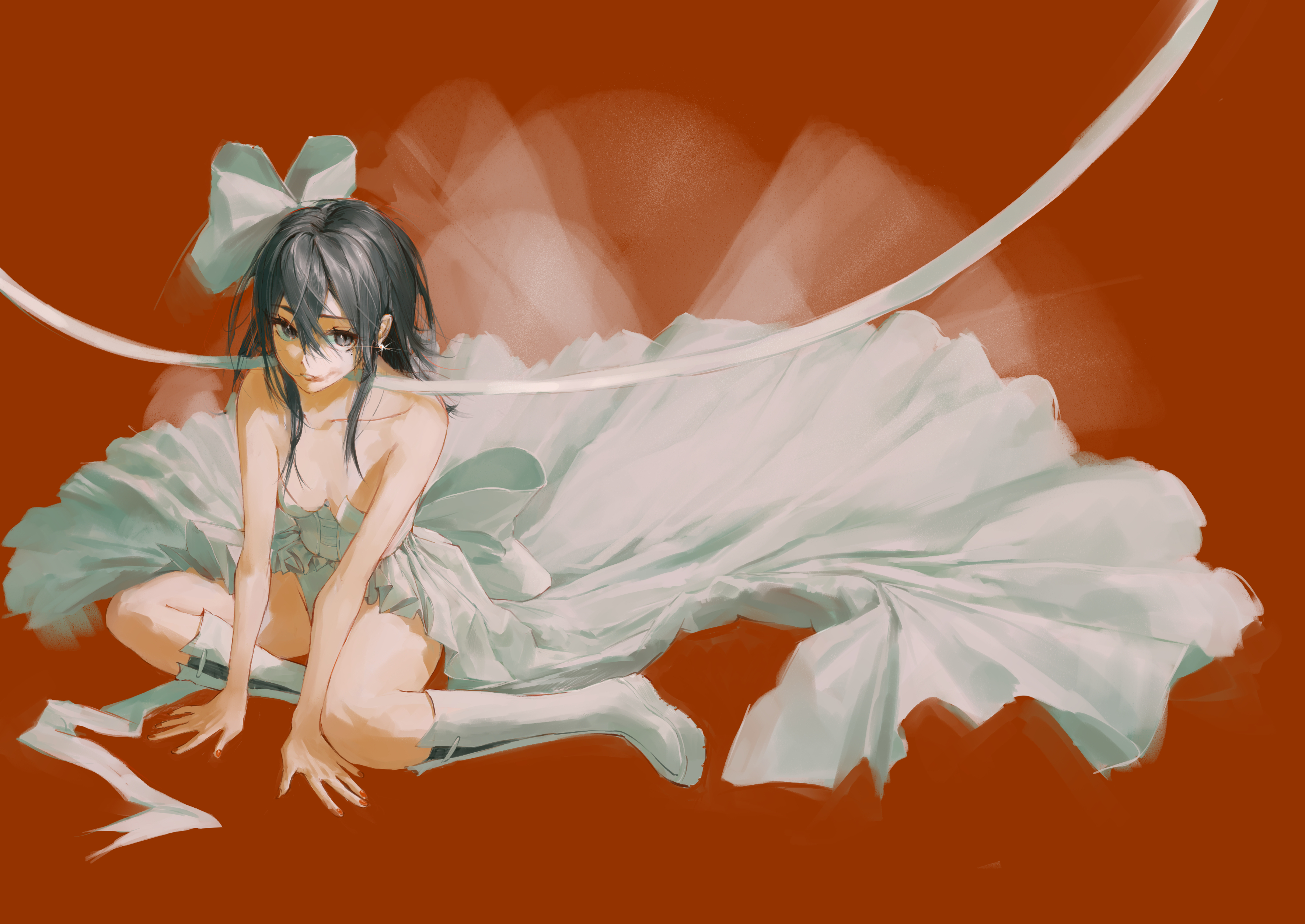 miaooon, original, absurdres, highres, 1girl, bare arms, bare shoulders, black hair, boots, breasts, collarbone, dress, earrings, fingernails, grey eyes, hair between eyes, hair ribbon, jewelry, knee boots, legs, lipstick mark, lipstick mark on face, long dress, long hair, long sidelocks, looking at viewer, medium breasts, nail polish, red background, red nails, ribbon, sidelocks, simple background, sitting, sleeveless, sleeveless dress, solo, strapless, strapless dress, thighs, white boots, white dress