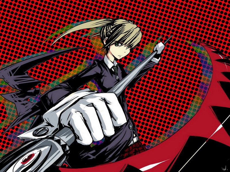 yui (niikyouzou), maka albarn, soul eater, bad id, bad pixiv id, 00s, blonde hair, gloves, green eyes, necktie, plaid clothes, plaid skirt, scythe, skirt, solo, twintails