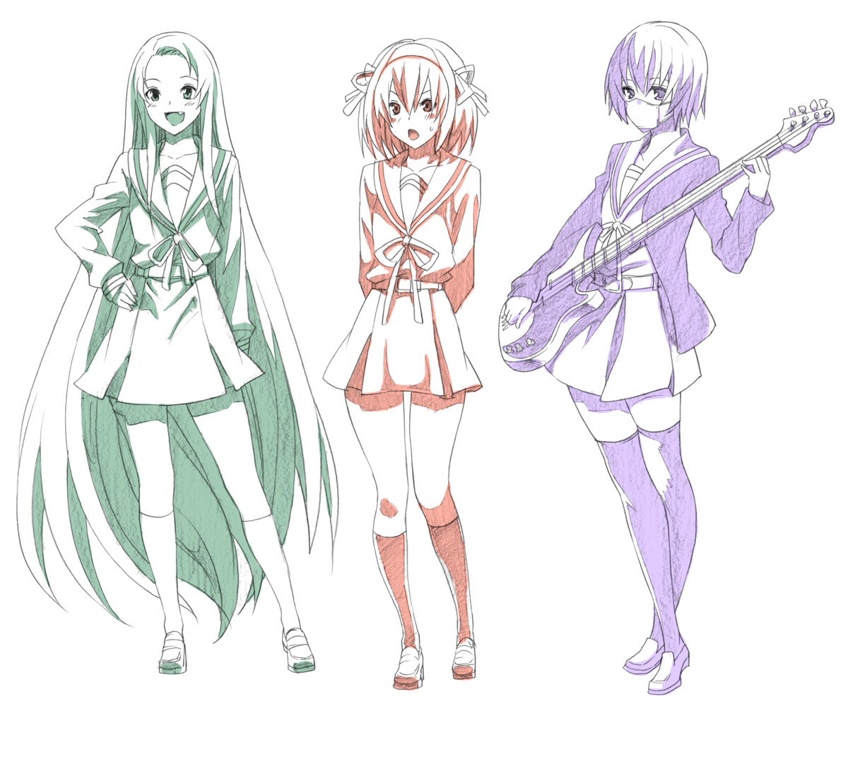 shin'ya (shin'yanchi), nagato yuki, suzumiya haruhi, tsuruya, suzumiya haruhi no yuuutsu, 00s, 3girls, absurdly long hair, bass guitar, guitar, instrument, long hair, mask, monochrome, mouth mask, multiple girls, multiple monochrome, surgical mask, thighhighs, very long hair, zettai ryouiki