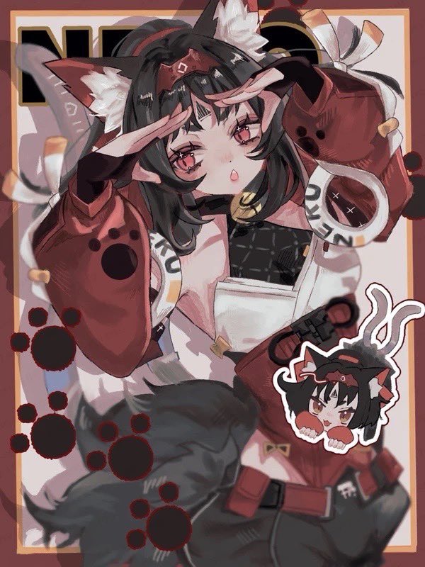 nekomiya mana, zenless zone zero, commentary, 1girl, animal ear fluff, animal ears, barcode, barcode tattoo, bare shoulders, bell, black hair, border, cable, cable tail, cat ears, cat girl, cat tail, corset, detached sleeves, facial mark, forehead mark, forehead tattoo, hairband, hands on own head, looking to the side, luv luv s2, mechanical tail, multiple tails, neck bell, paw print, red border, red corset, red eyes, red hairband, red sleeves, solo, sparkling eyes, sticker, tail, tattoo, triangle, triangle facial mark, two tails, white background